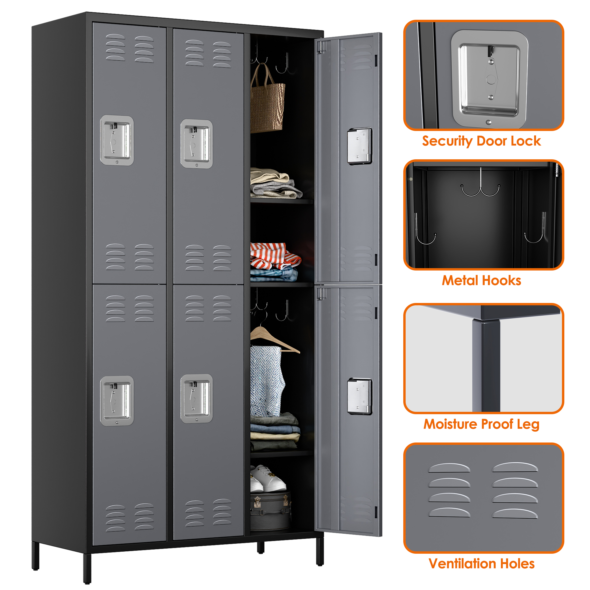 Aobabo Metal Storage Locker (6 Door-Black&Grey)