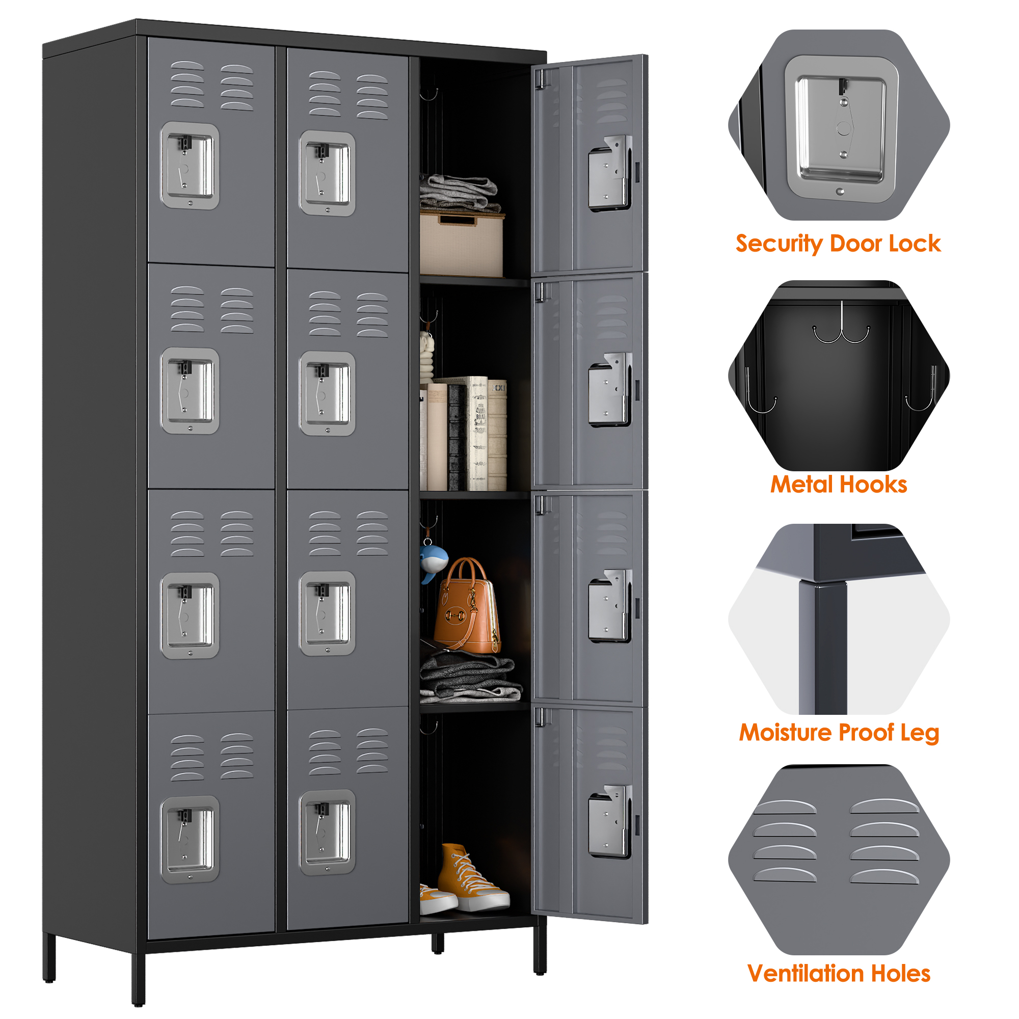 Aobabo 12 Door Metal Locker (Dark Grey)