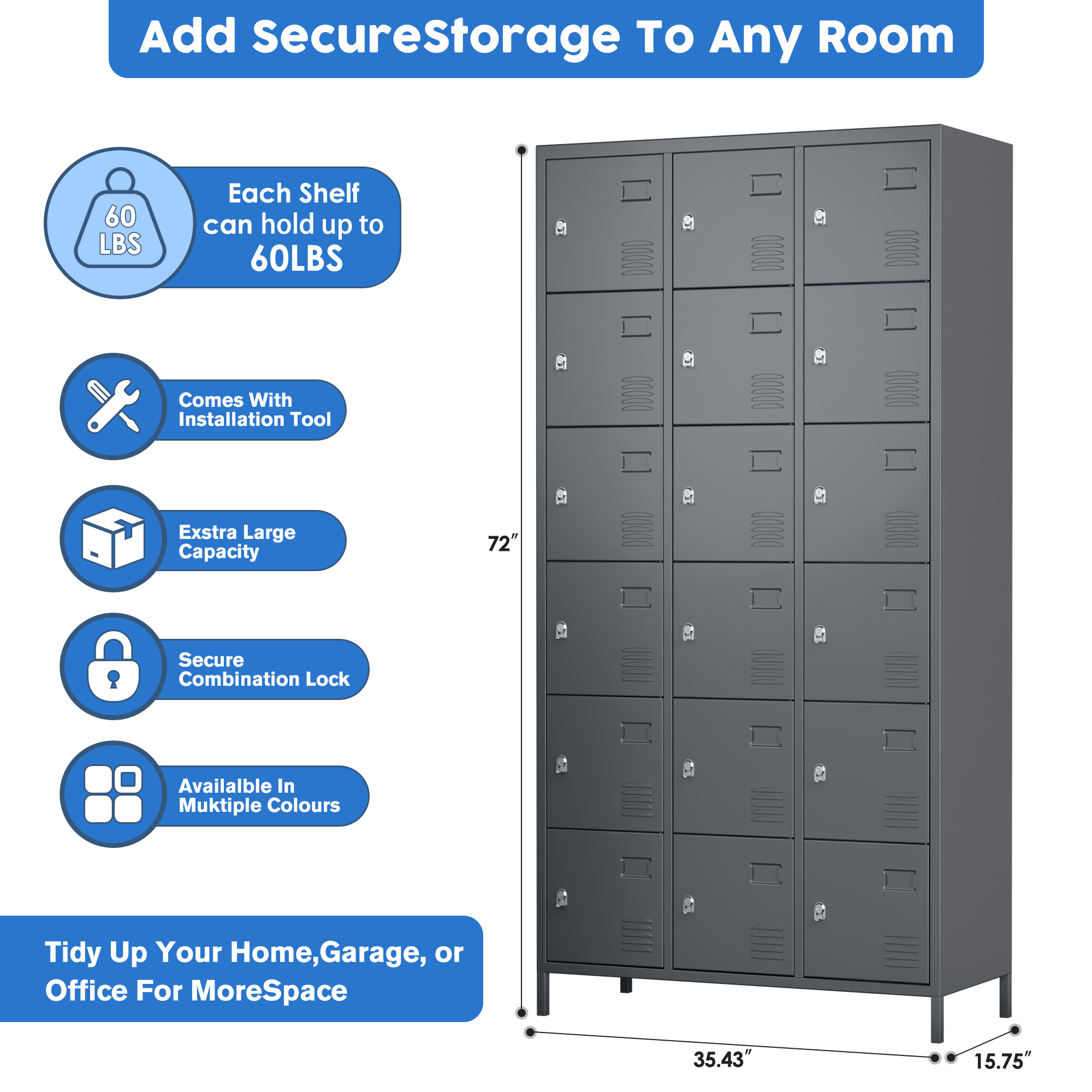 Aobabo metal storage locker(18 doors-dark grey)