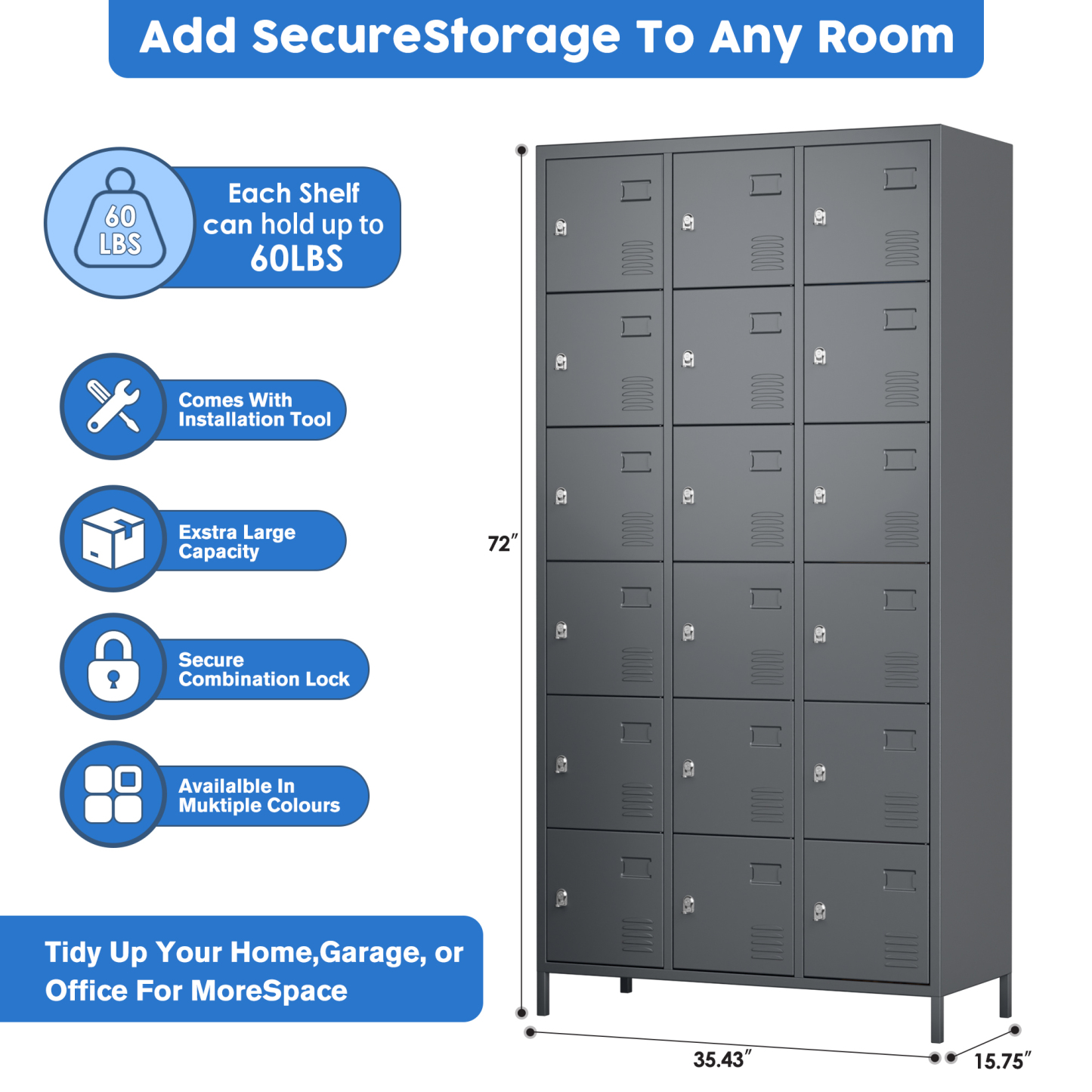 Aobabo metal storage locker(18 doors-dark grey)