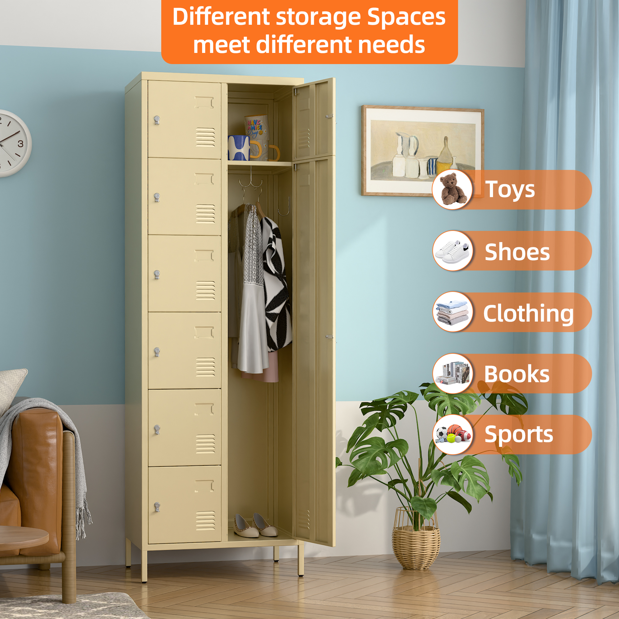 72" H Metal Storage Lockers with 8 Doors(7 Small +1 Big Doors),Camel