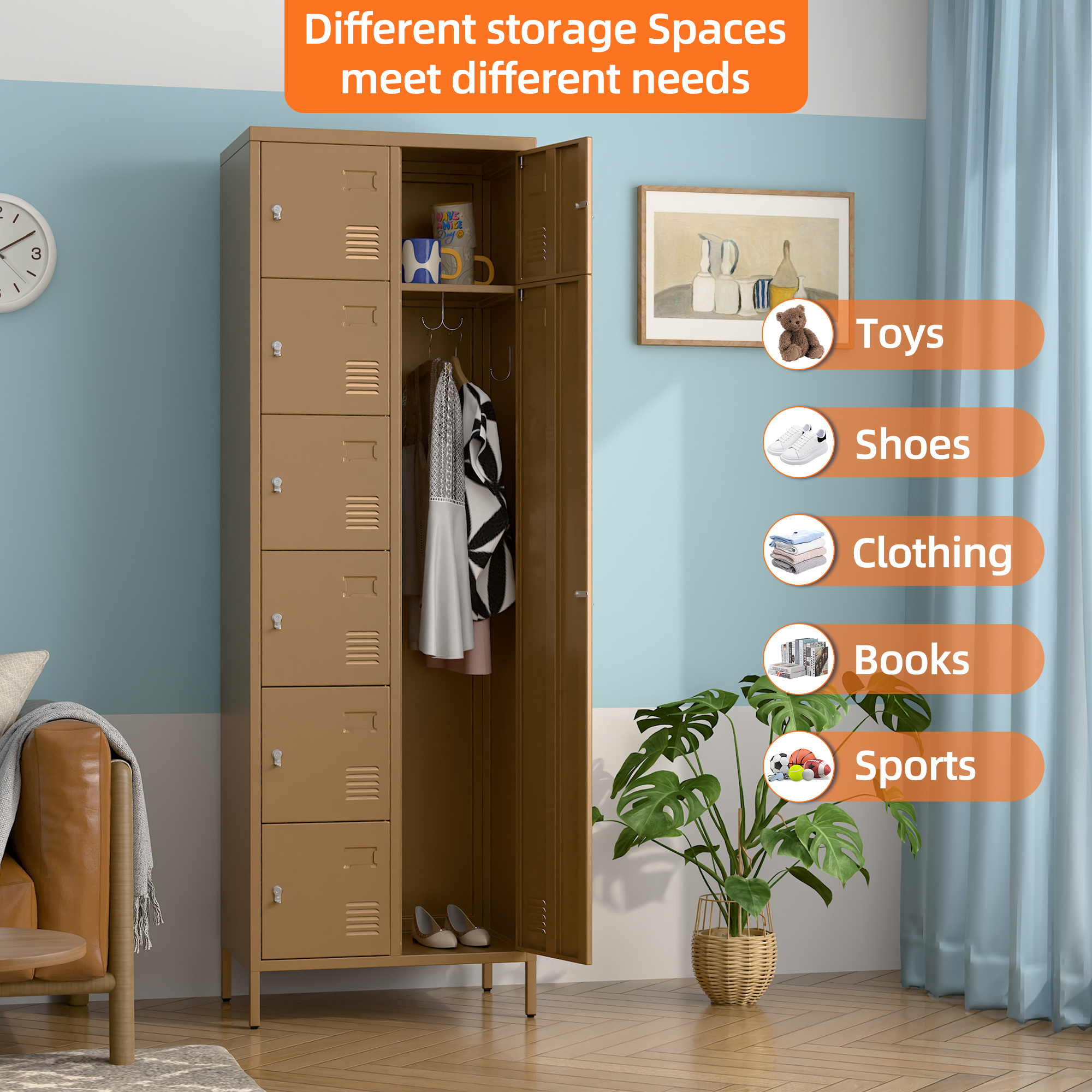 72" H Metal Storage Lockers with 8 Doors(7 Small +1 Big Doors),Coffee