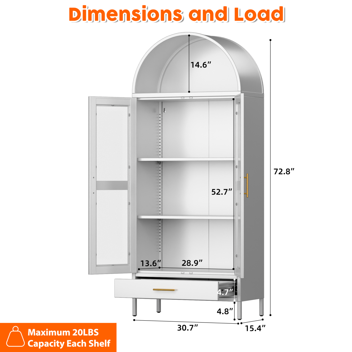 Metal Arched Cabinet with Glass Doors and Drawer,White