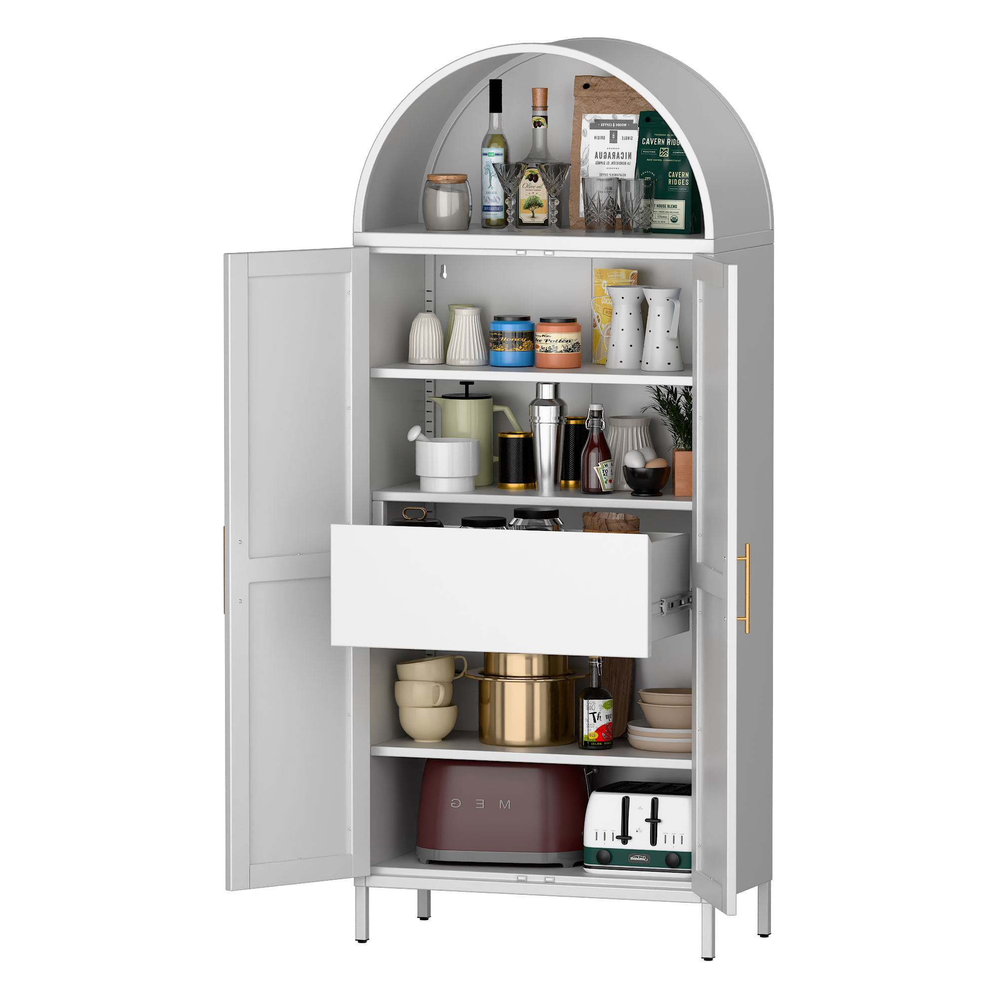 72.8"H Metal Arched Cabinet with 1 Drawer,Assembly Required,White