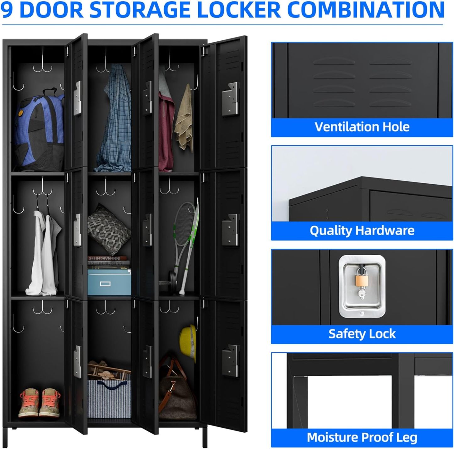 Aobabo Metal Lockers for Employees with Lock (9 Door-Black)