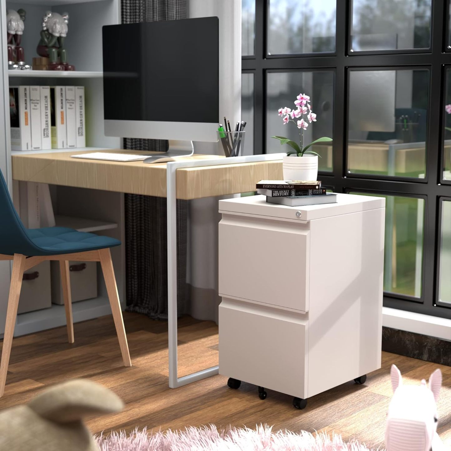 Mobile File Cabinet, 14.96 Inches Wide 2 Drawer White