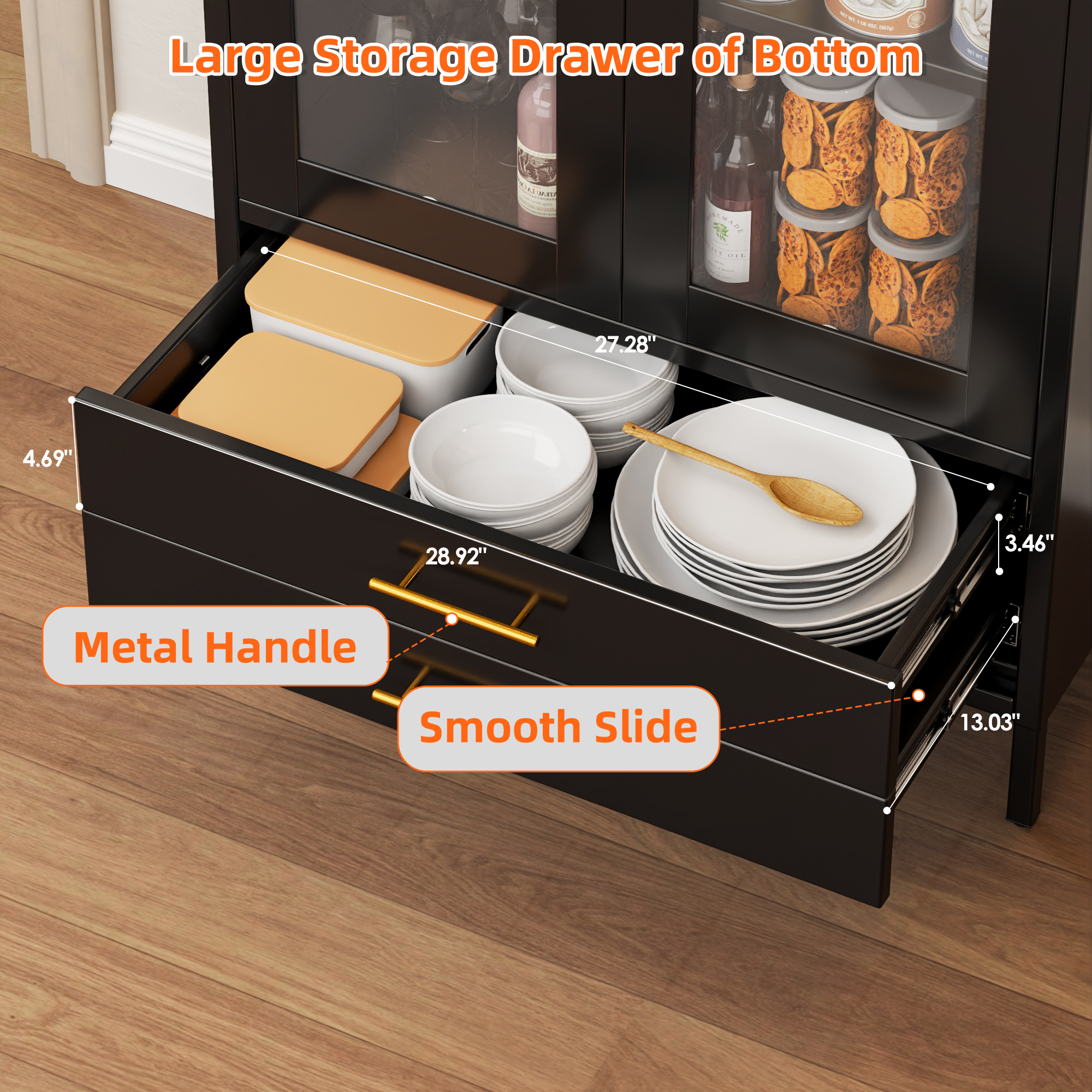 Black Metal Arched Cabinet with Glass Doors and 2 Drawers