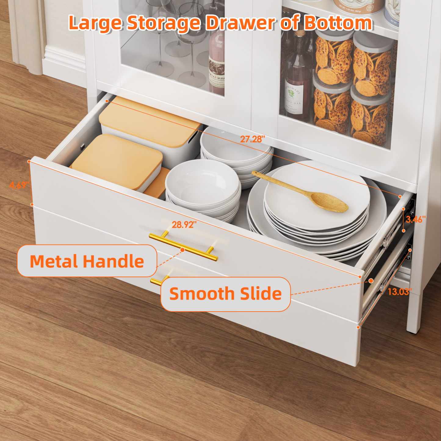 White Metal Arched Cabinet with Glass Doors and 2 Drawers