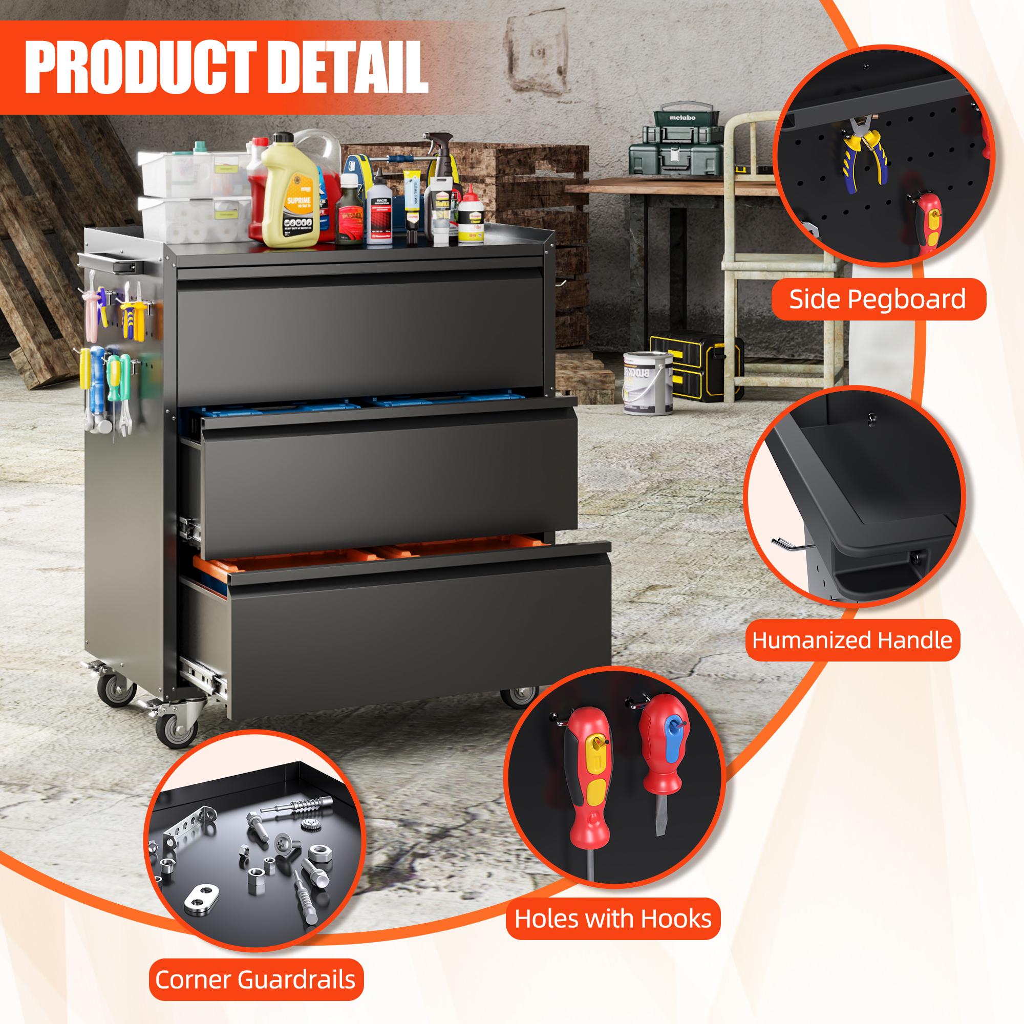 Aobabo 35''H Garage Storage Cabinet  with Wheels and 3 Drawers,Black