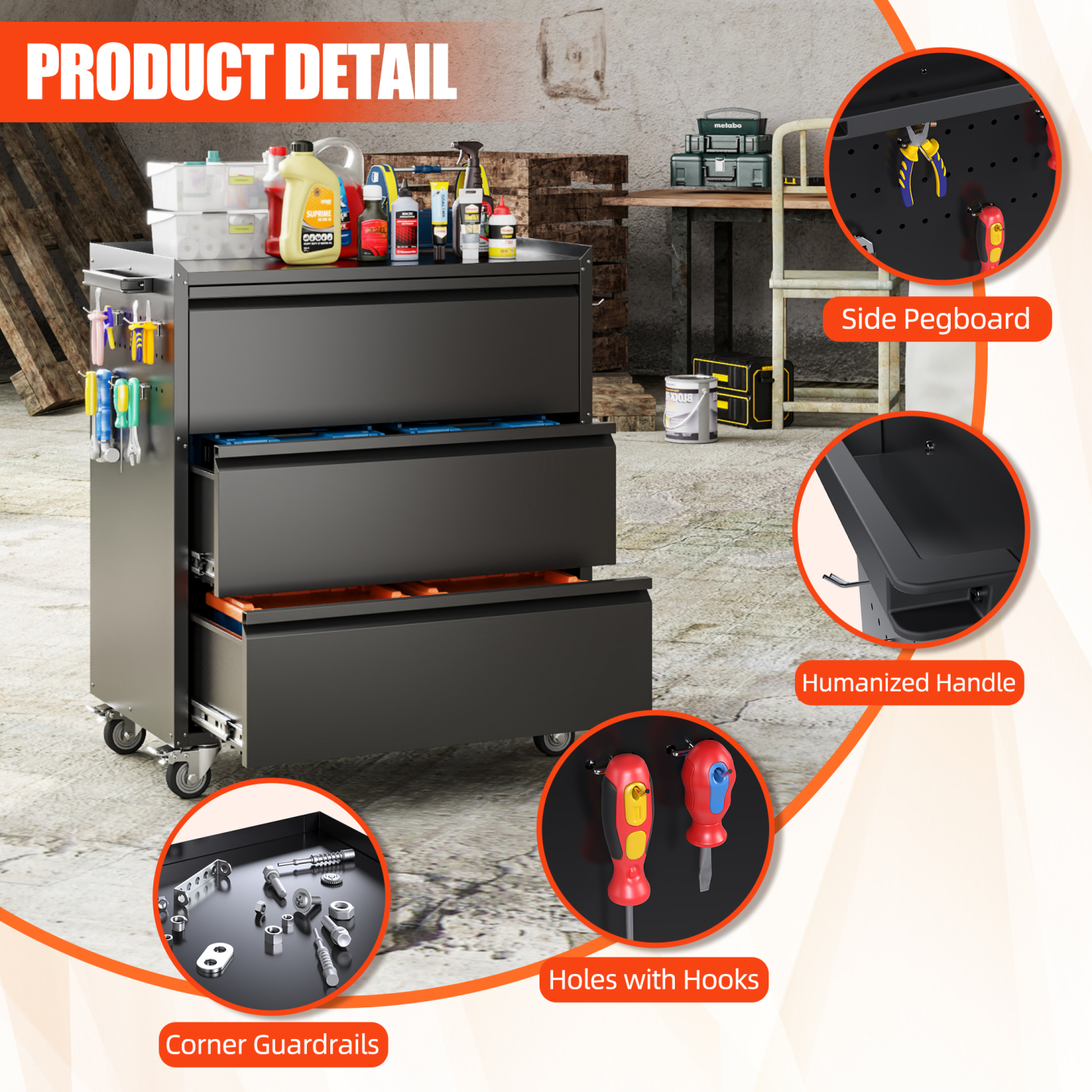 Aobabo 35''H Garage Storage Cabinet  with Wheels and 3 Drawers,Black