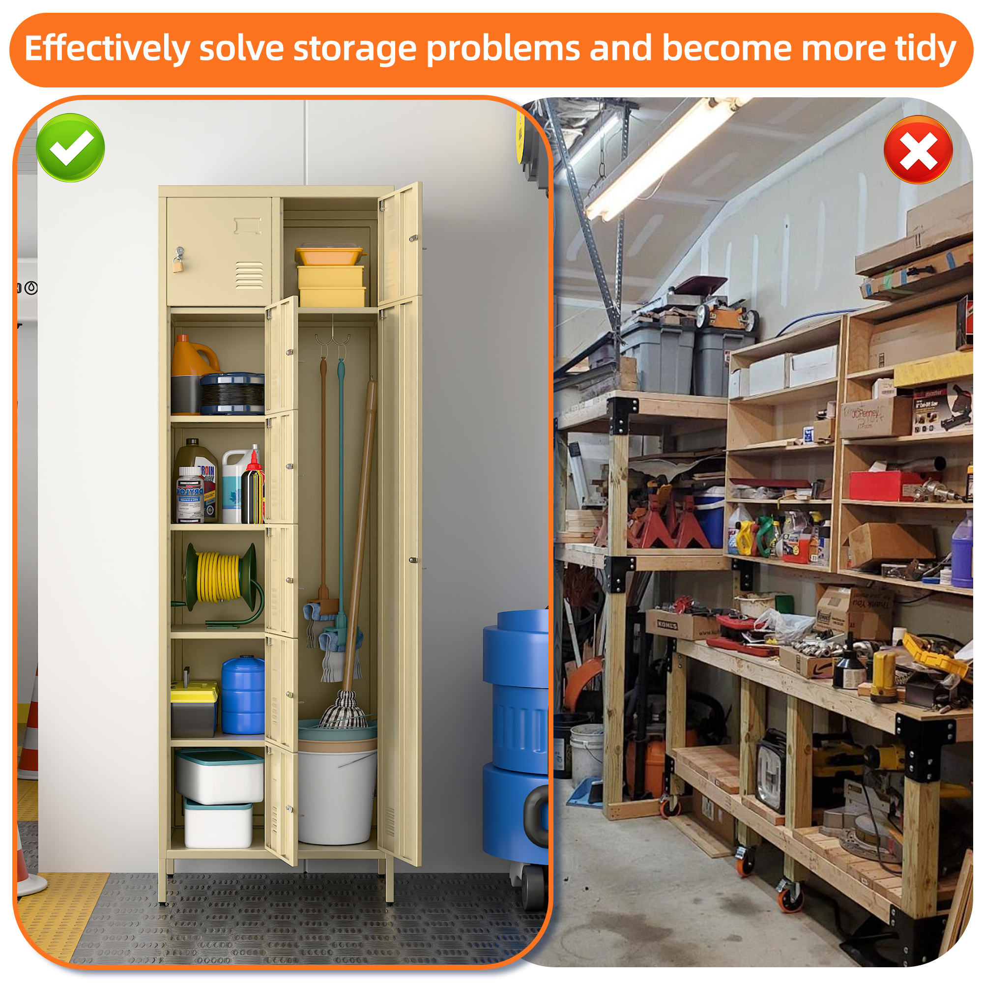 72" H Metal Storage Lockers with 8 Doors(7 Small +1 Big Doors),Camel