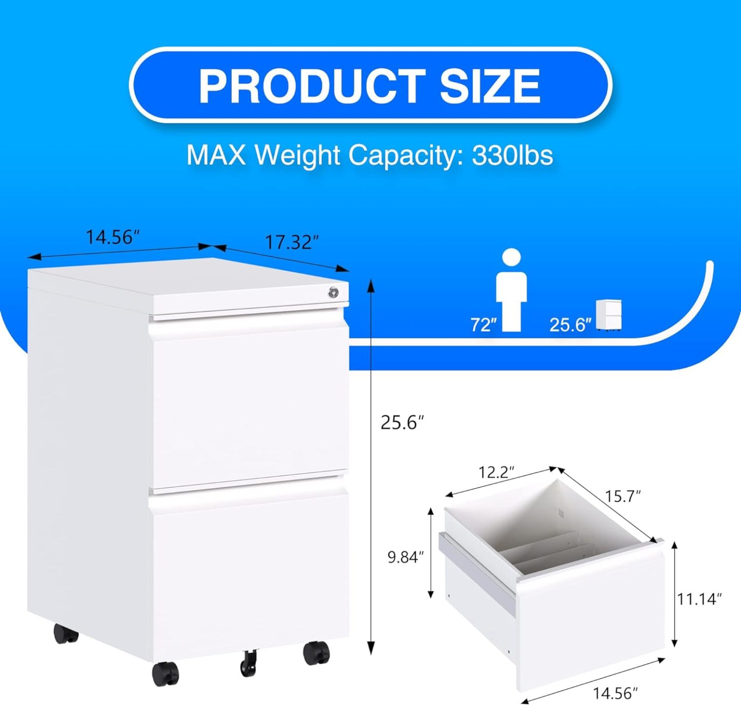Mobile File Cabinet, 14.96 Inches Wide 2 Drawer White