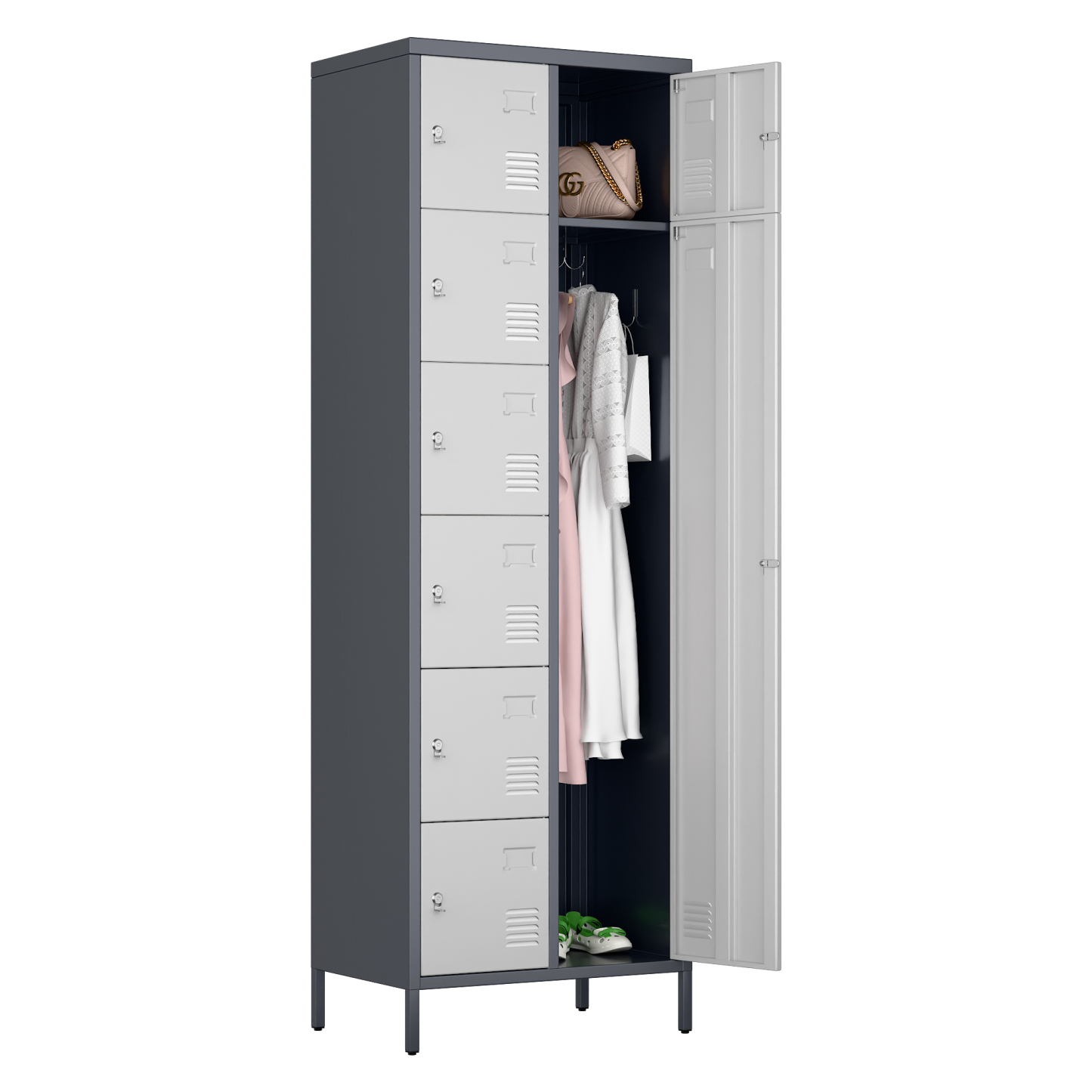 72" H Metal Storage Lockers with 8 Doors,Grey&White,(7 Small +1 Big Doors)