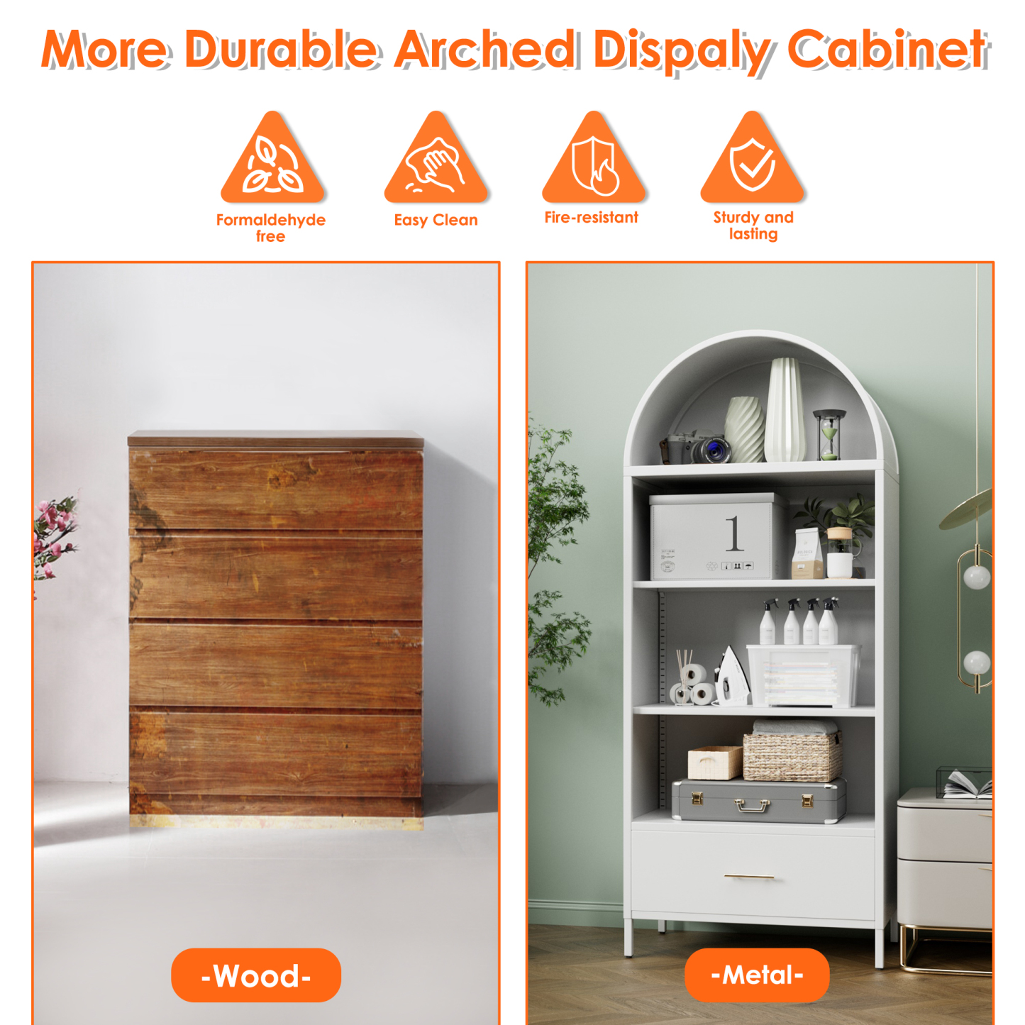 Metal Display Arched Cabinet with Drawer, Assembly Required,White