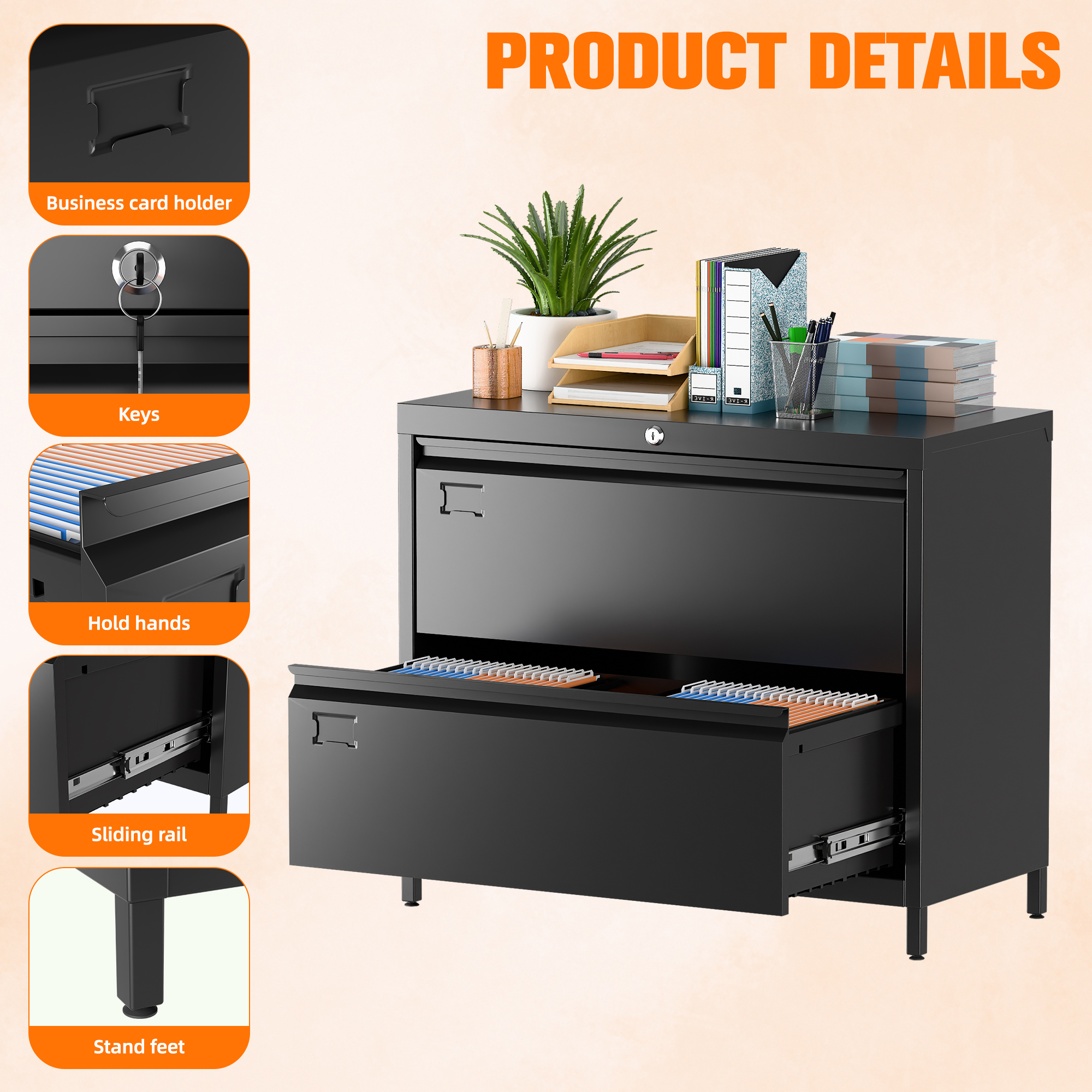 Lateral File Cabinet with 2 Drawer,Required Assembly,Black