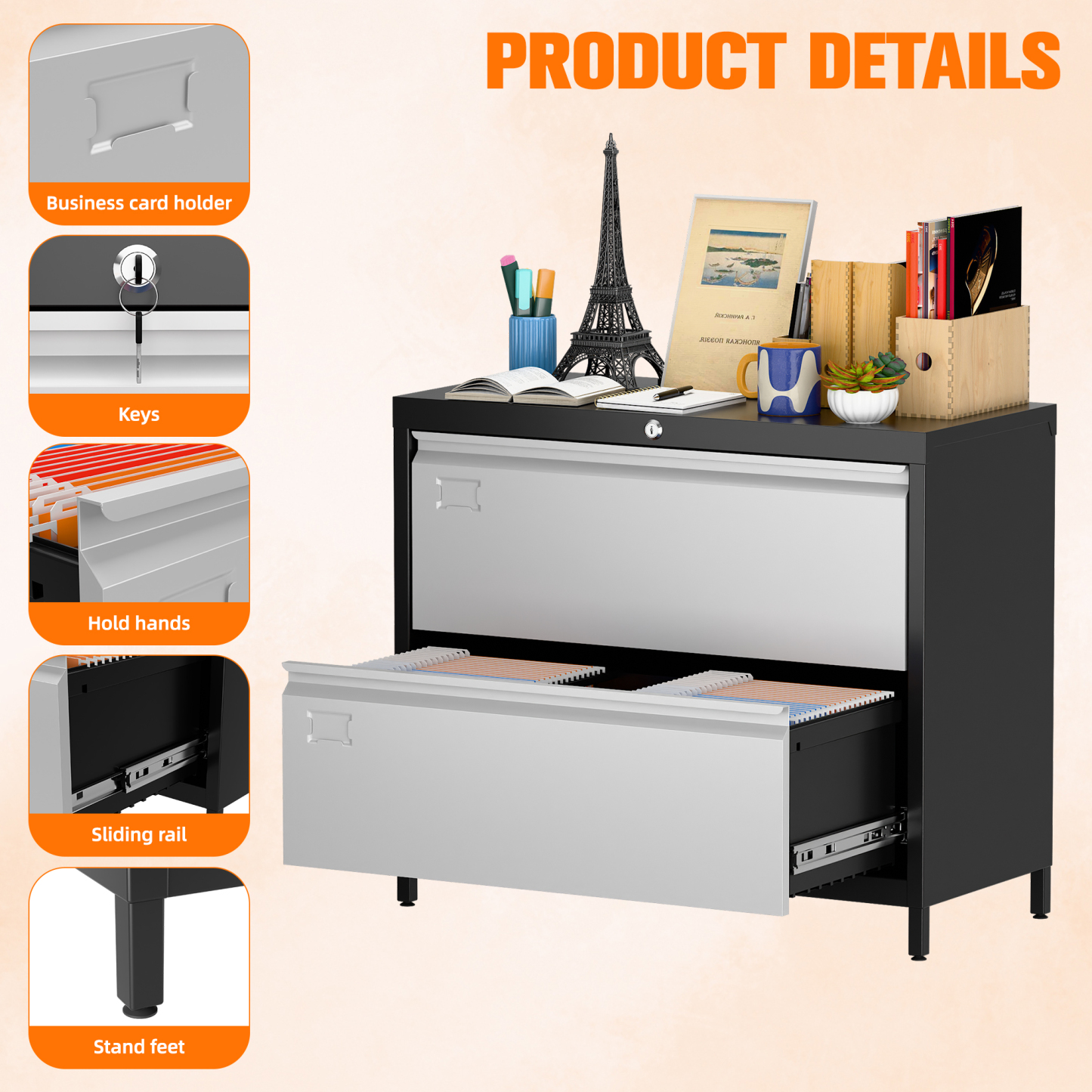 Lateral File Cabinet with 2 Drawer,Required Assembly,Black and Grey