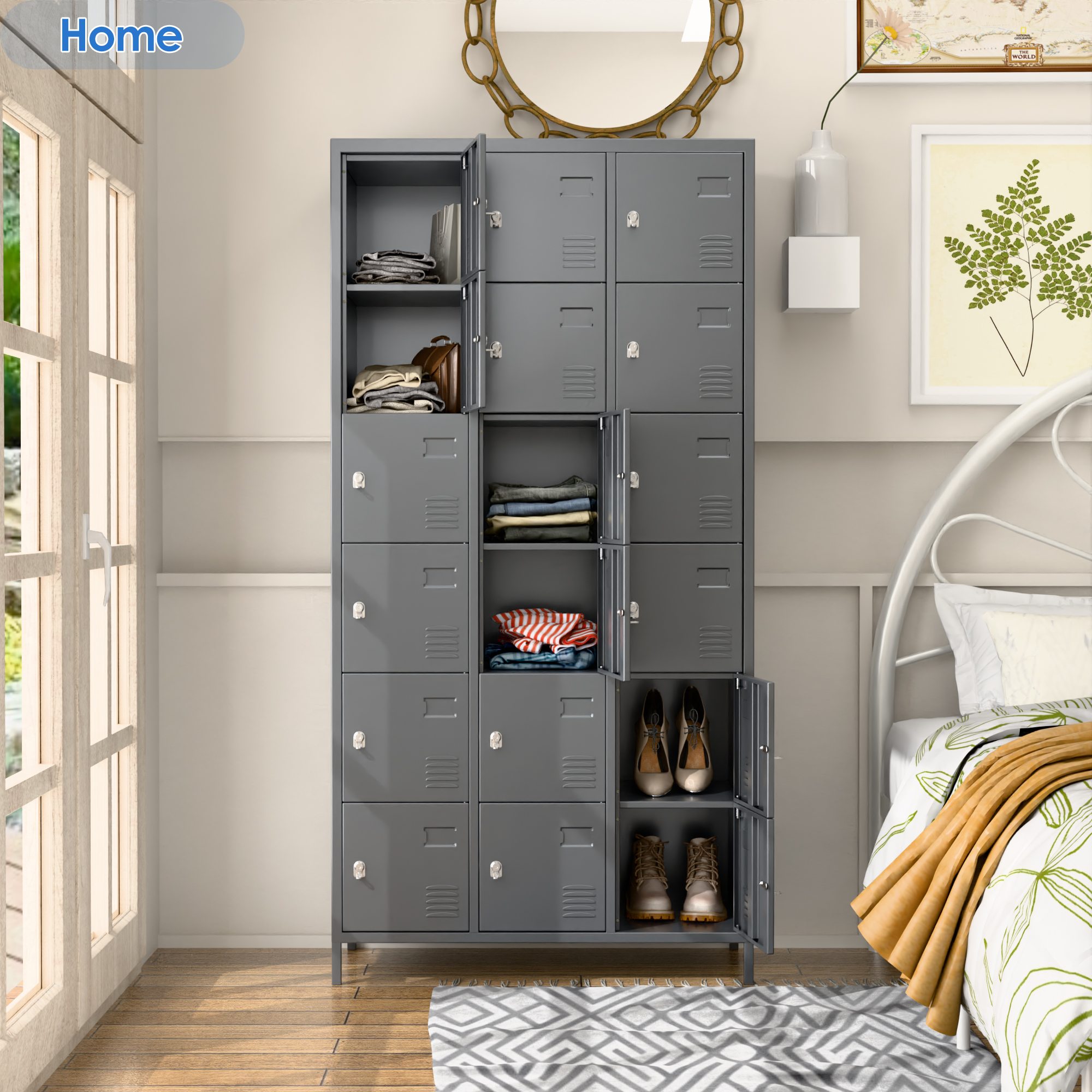 Aobabo metal storage locker(18 doors-dark grey)