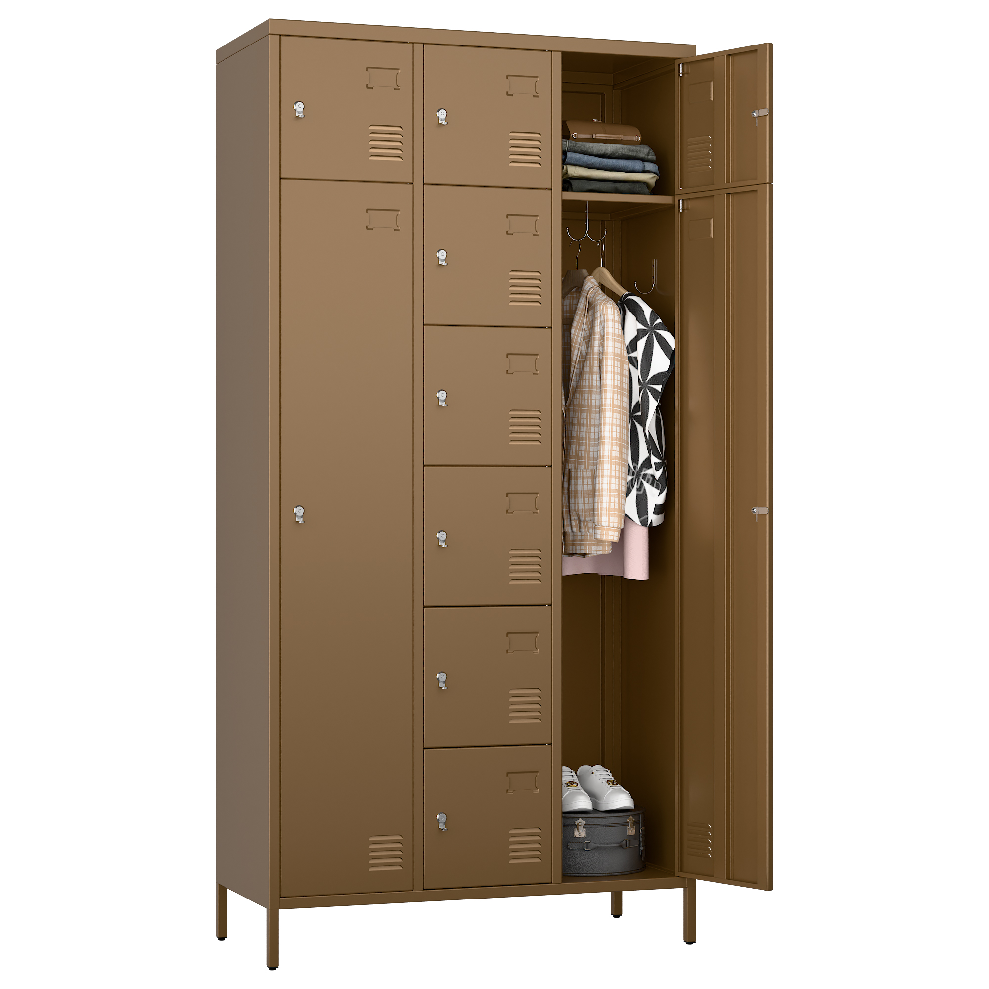 72"H Metal Storage Lockers with 10 Doors,2 Big Doors and 8 Small Doors,Coffee