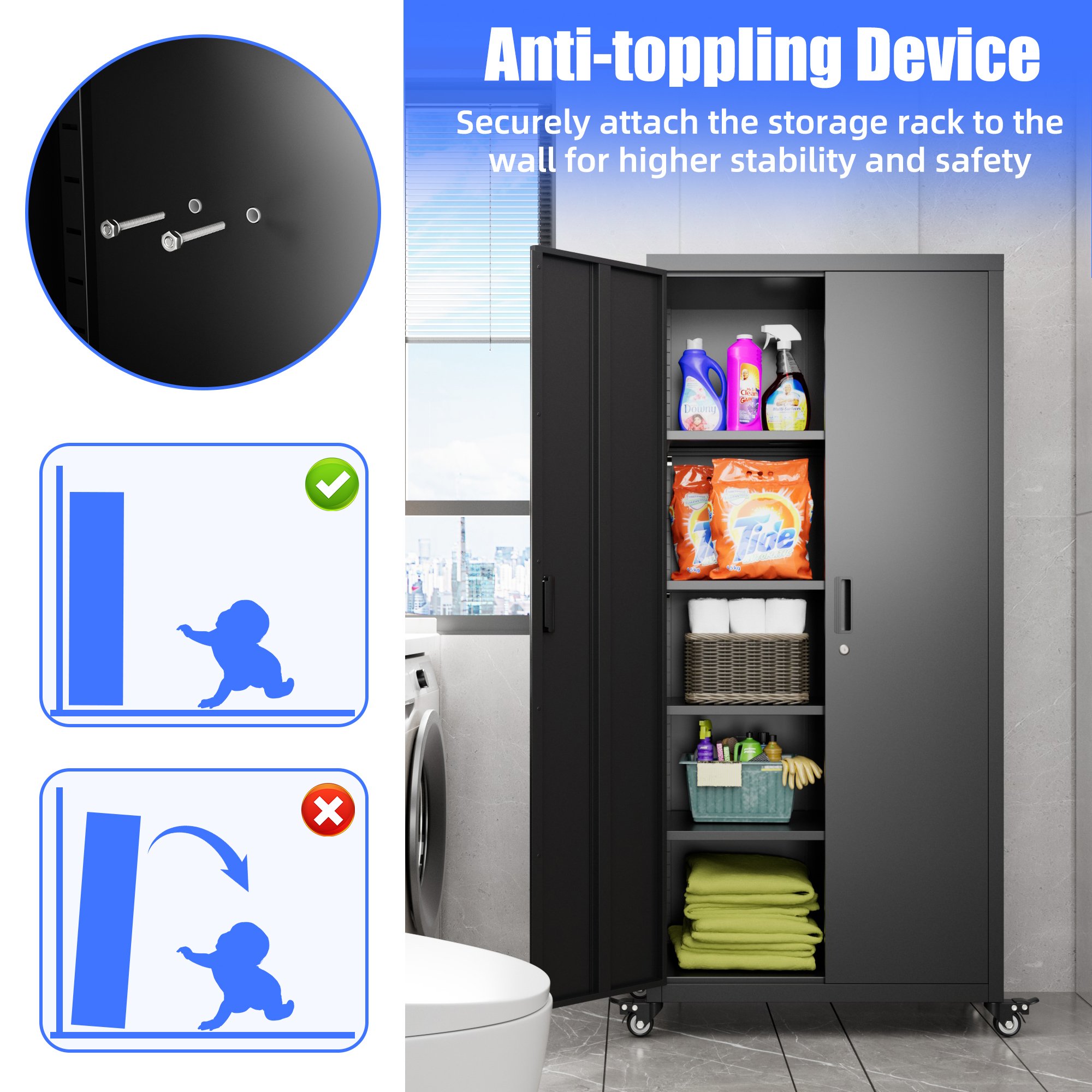 73"H Garage Storage Cabinet with Wheels-Black