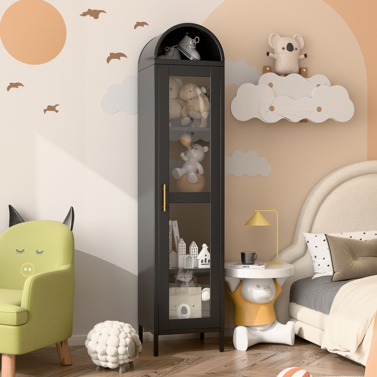 Arch Bookcase with 1 Glass Door/Shelves,Assembly Required (Black)