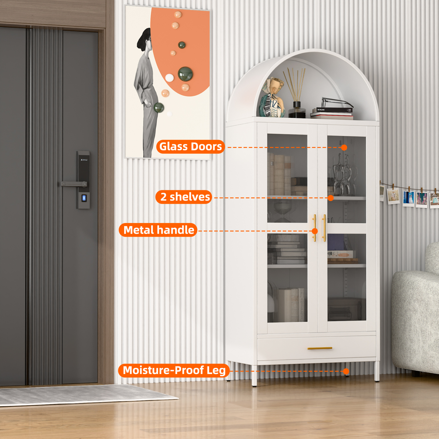 Metal Arched Cabinet with Glass Doors and Drawer,White