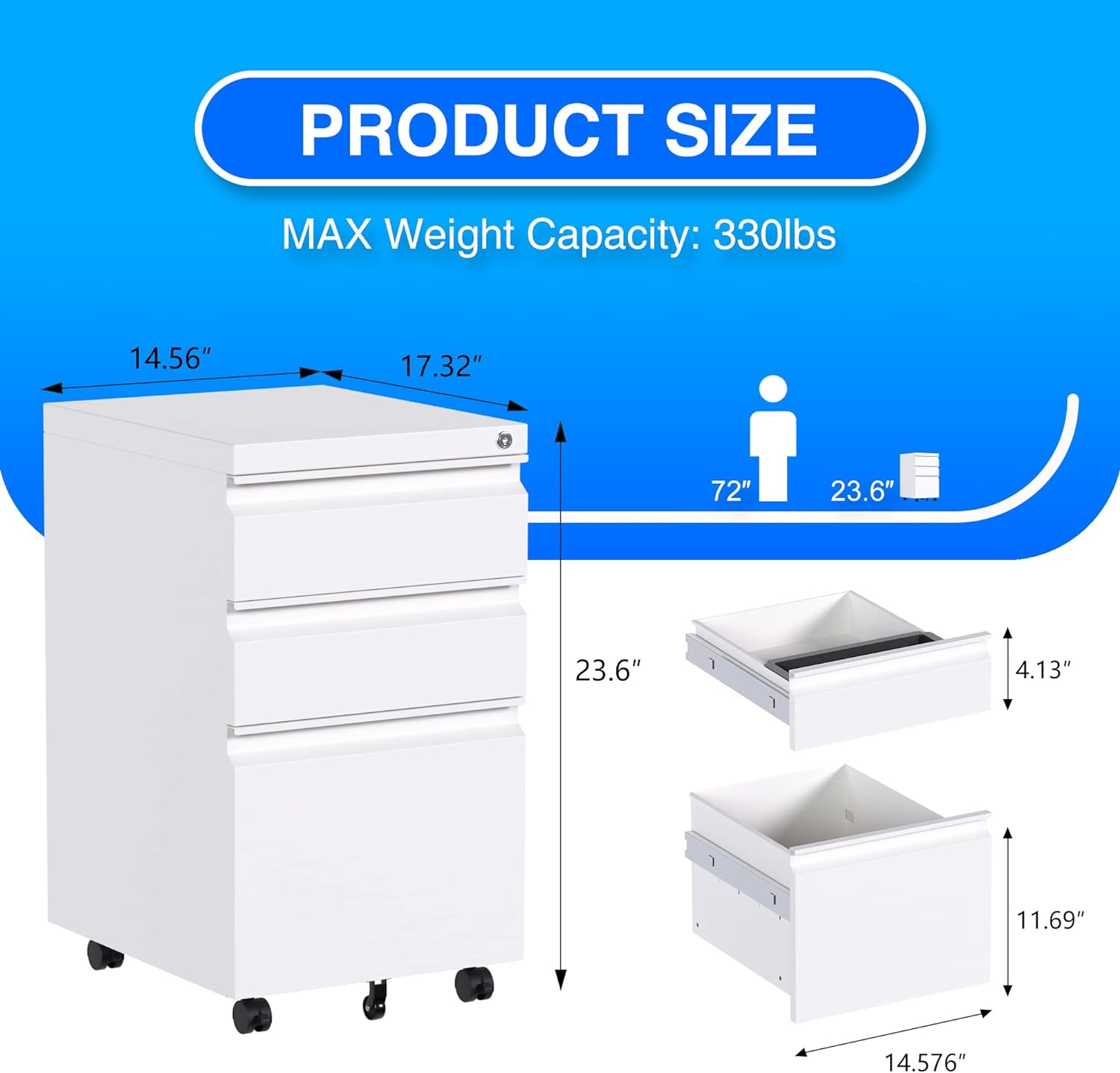 Mobile File Cabinet, 14.96 Inches Wide 3 Drawer White