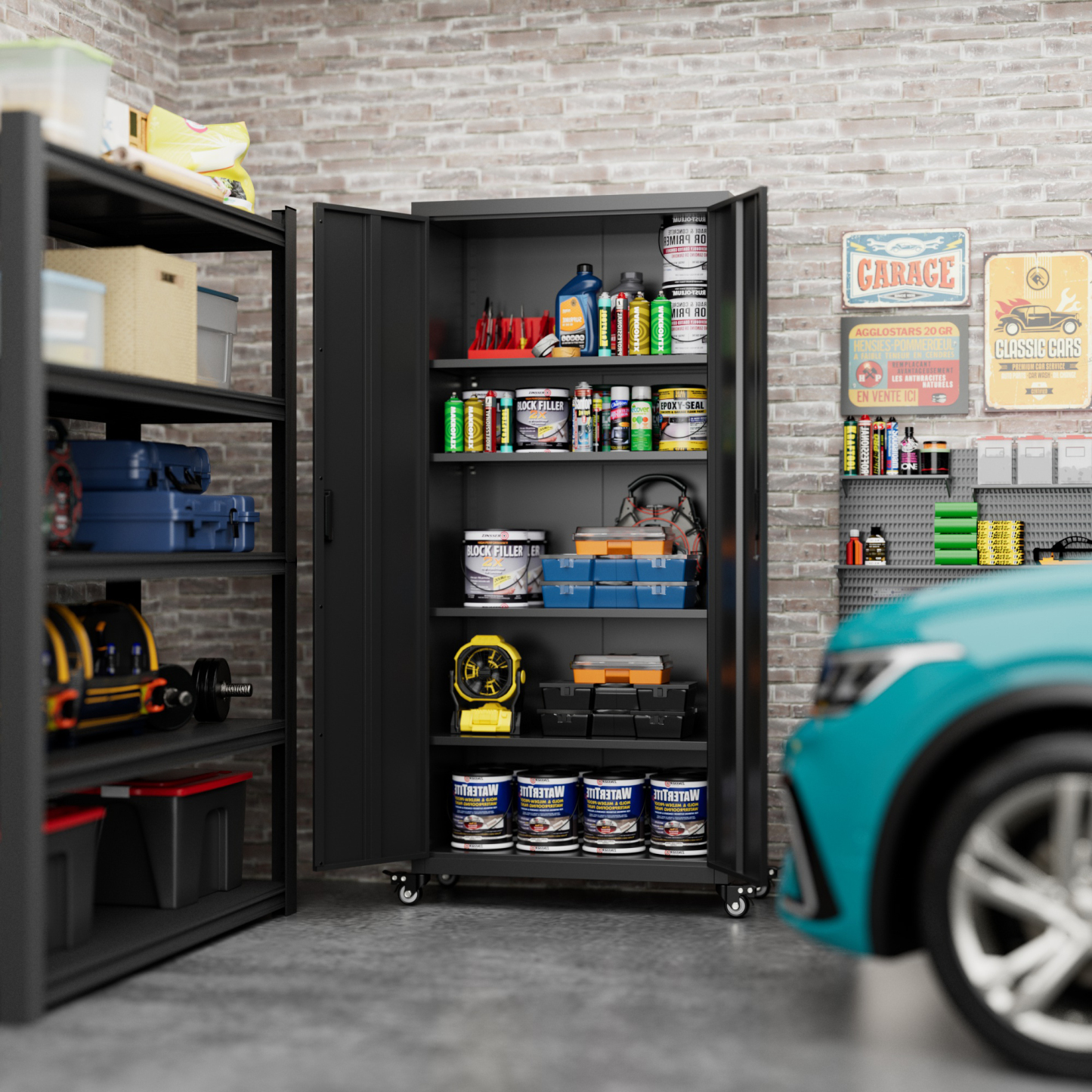 73"H Garage Storage Cabinet with Wheels-Black