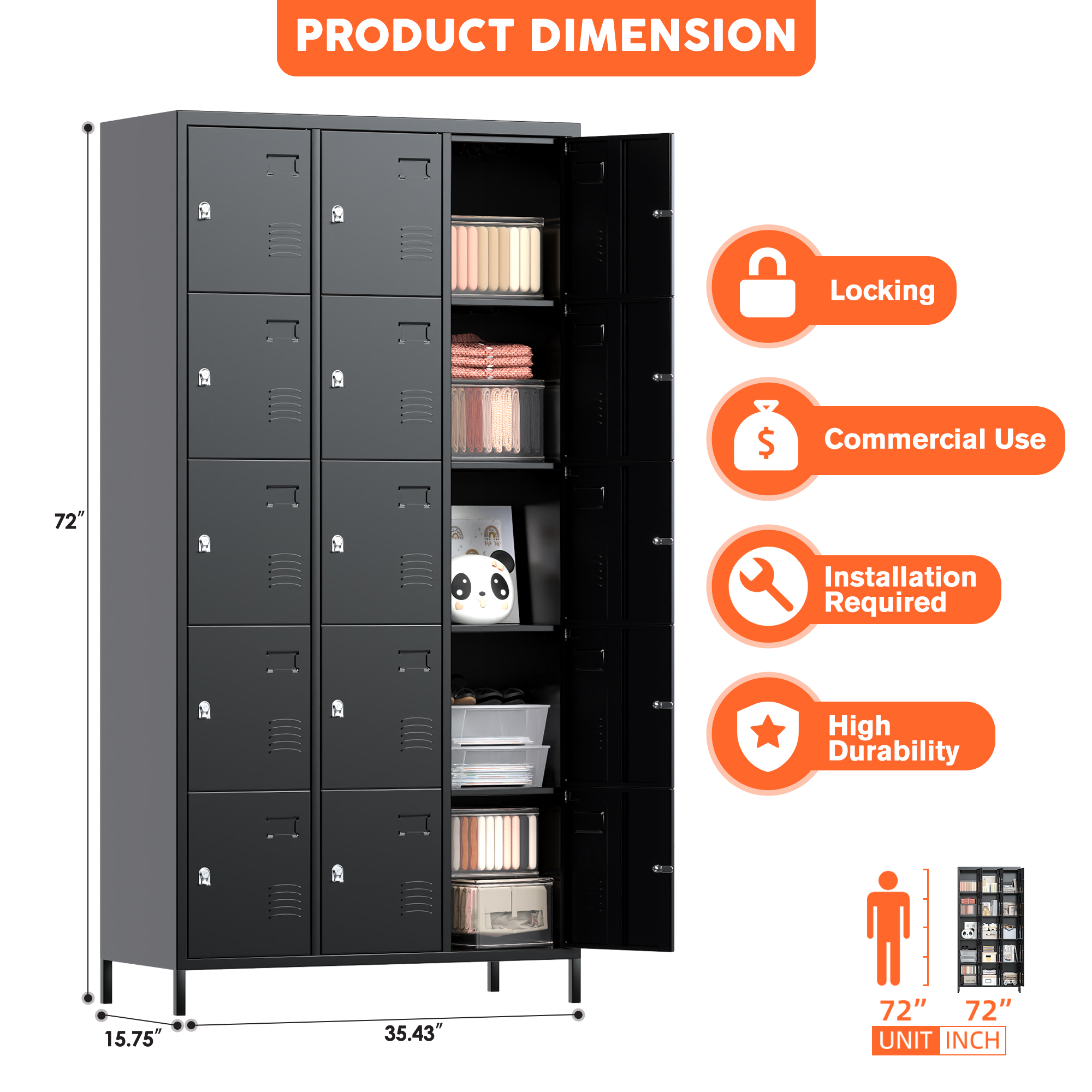 Aobabo 15 Doors Metal Storage Locker for Employees，Black