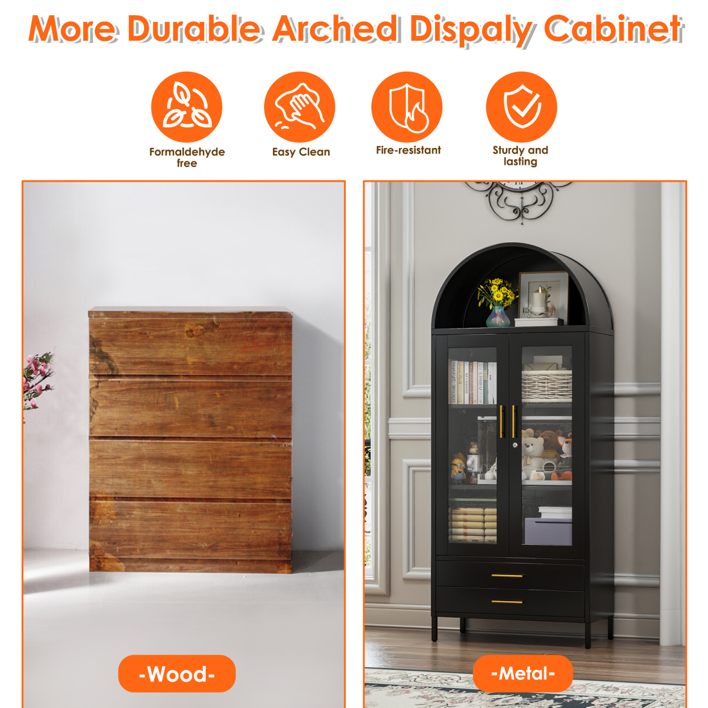 Black Metal Arched Cabinet with Glass Doors and 2 Drawers