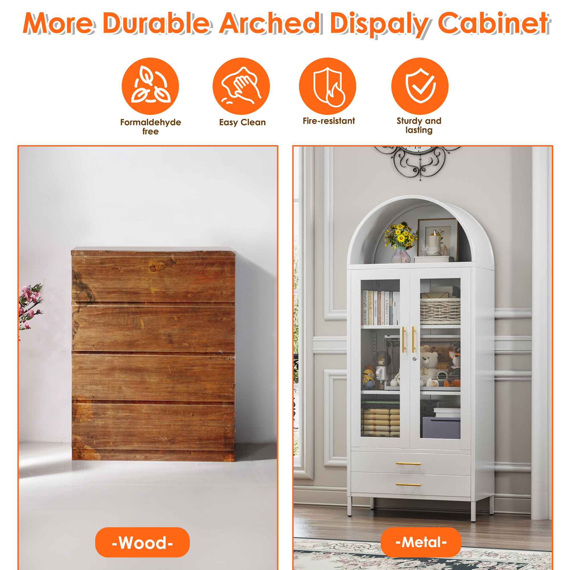 White Metal Arched Cabinet with Glass Doors and 2 Drawers