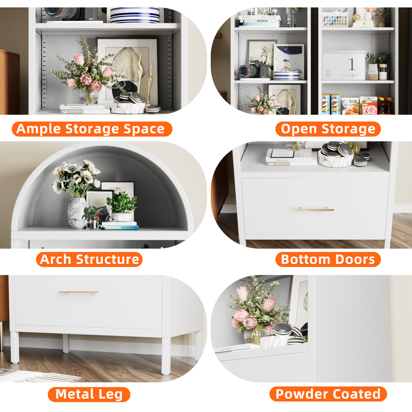 Metal Display Arched Cabinet with Drawer, Assembly Required,White