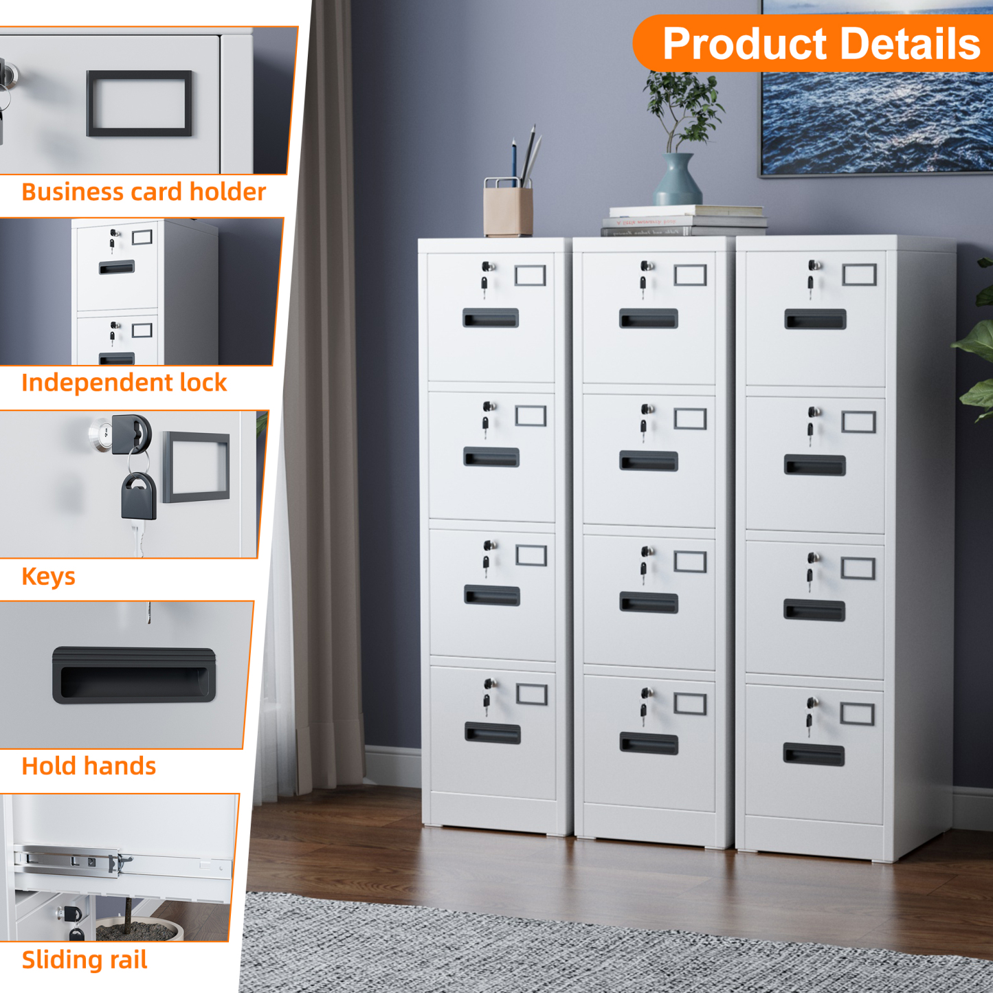 Vertical File Cabinet with 4 Drawers,14.97"D x 17.72"W x 55.2"H,Assembly Required,White,