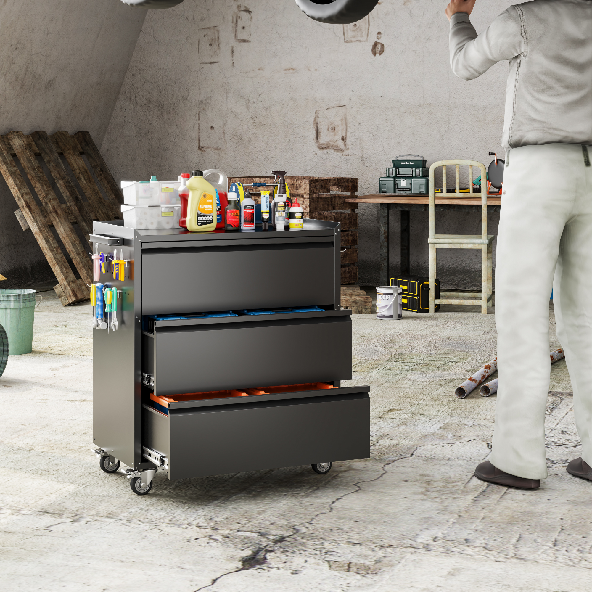 Aobabo 35''H Garage Storage Cabinet  with Wheels and 3 Drawers,Black