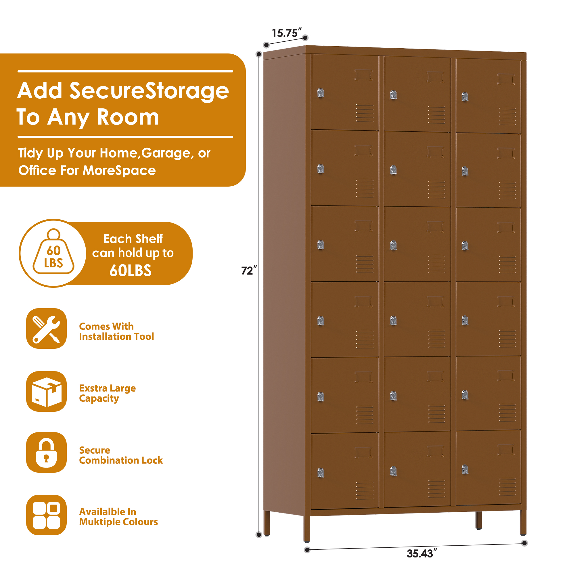Aobabo metal storage locker(18 doors-coffee)