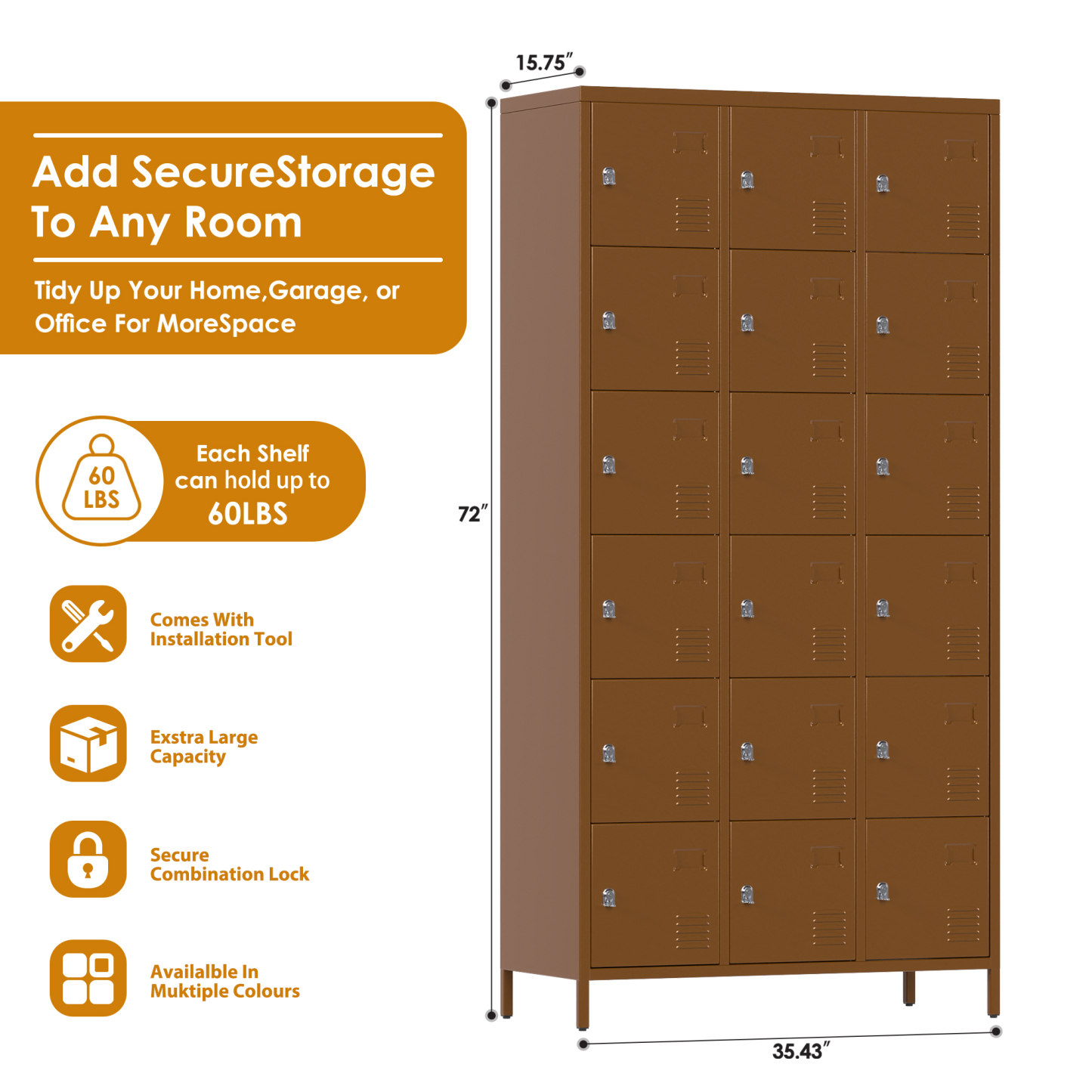 Aobabo metal storage locker(18 doors-coffee)