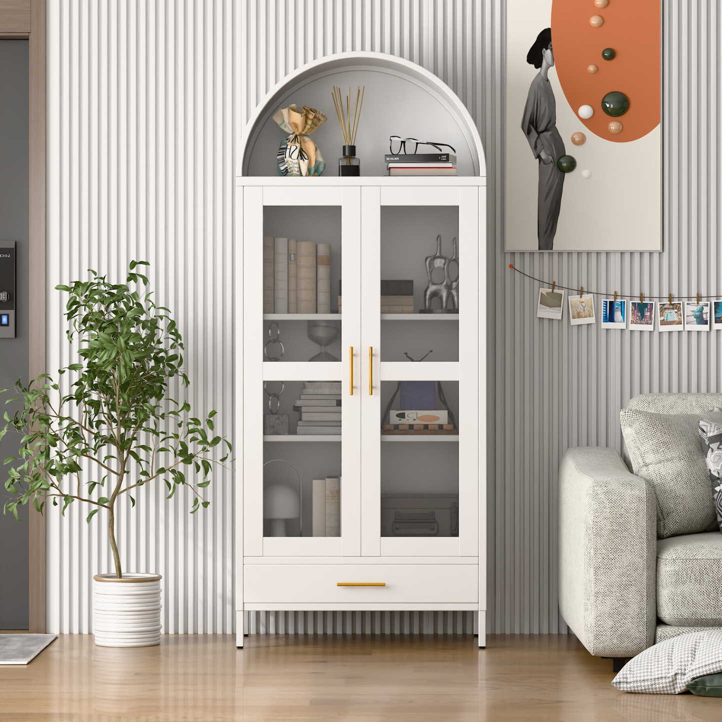 Metal Arched Cabinet with Glass Doors and Drawer,White