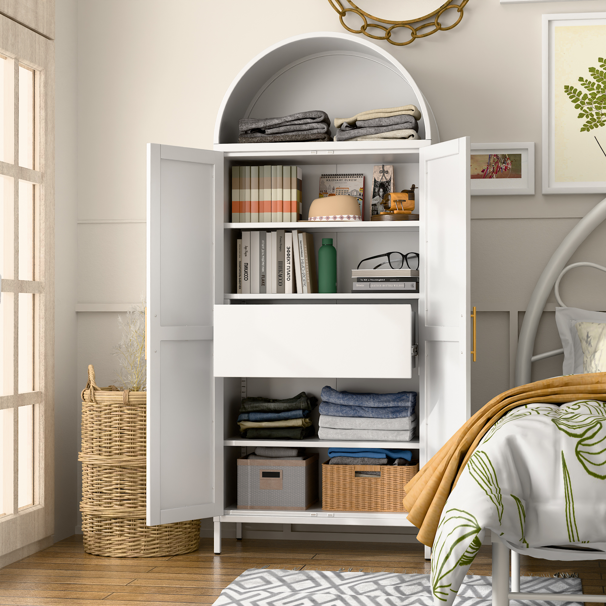 72.8"H Metal Arched Cabinet with 1 Drawer,Assembly Required,White