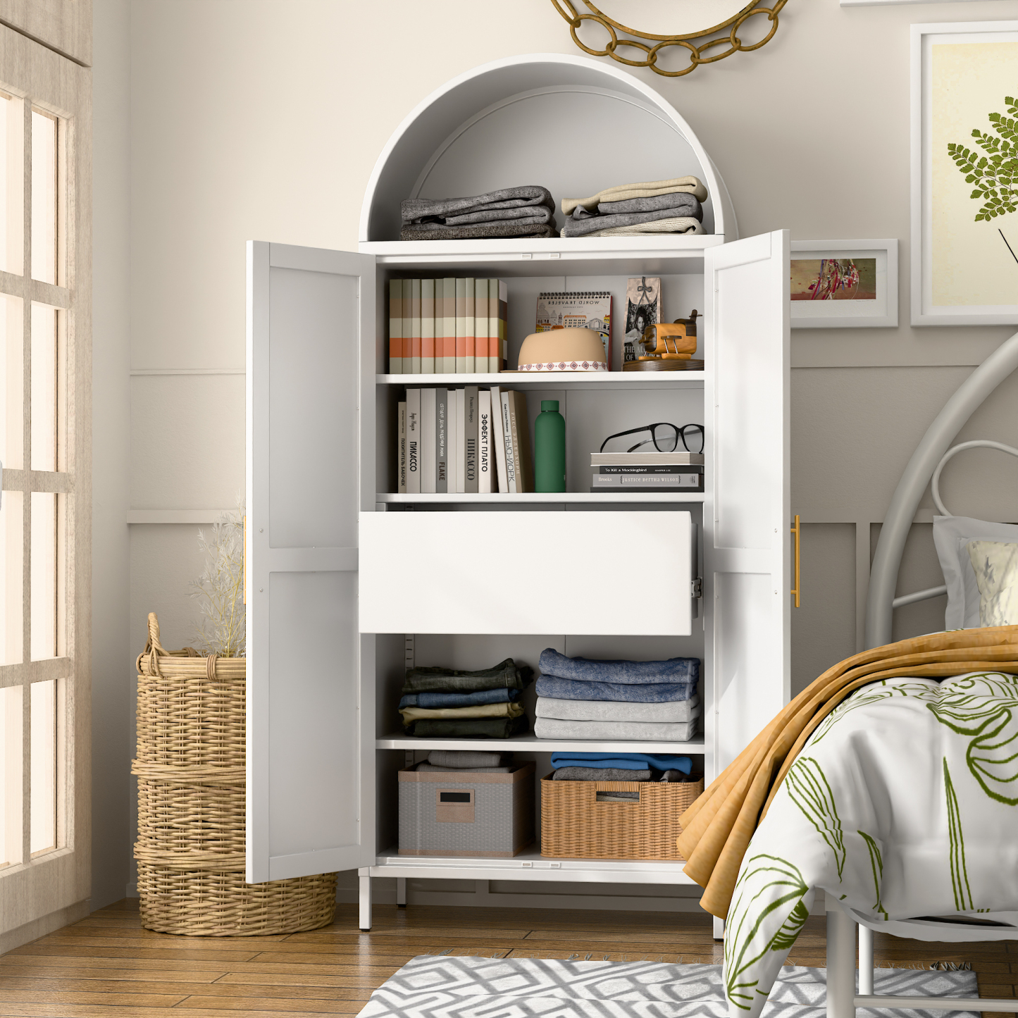 72.8"H Metal Arched Cabinet with 1 Drawer,Assembly Required,White