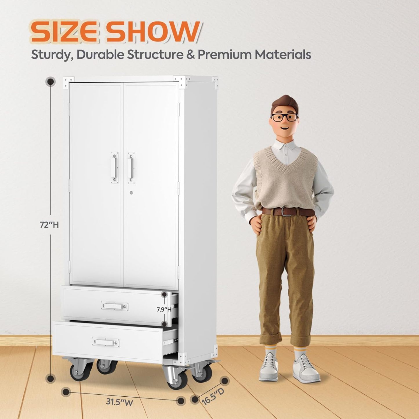 Rolling Storage Cabinet with 2 Doors and 2 Drawers （white）