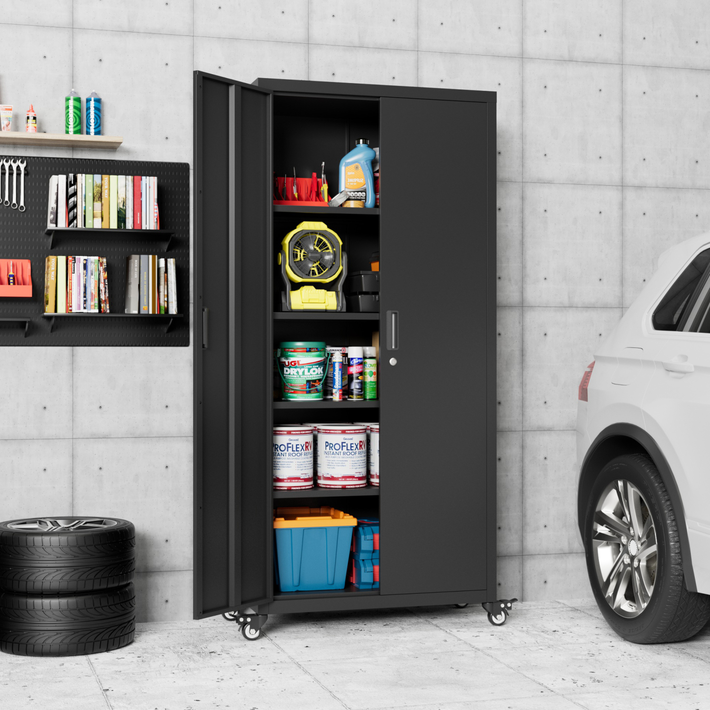 73"H Garage Storage Cabinet with Wheels-Black