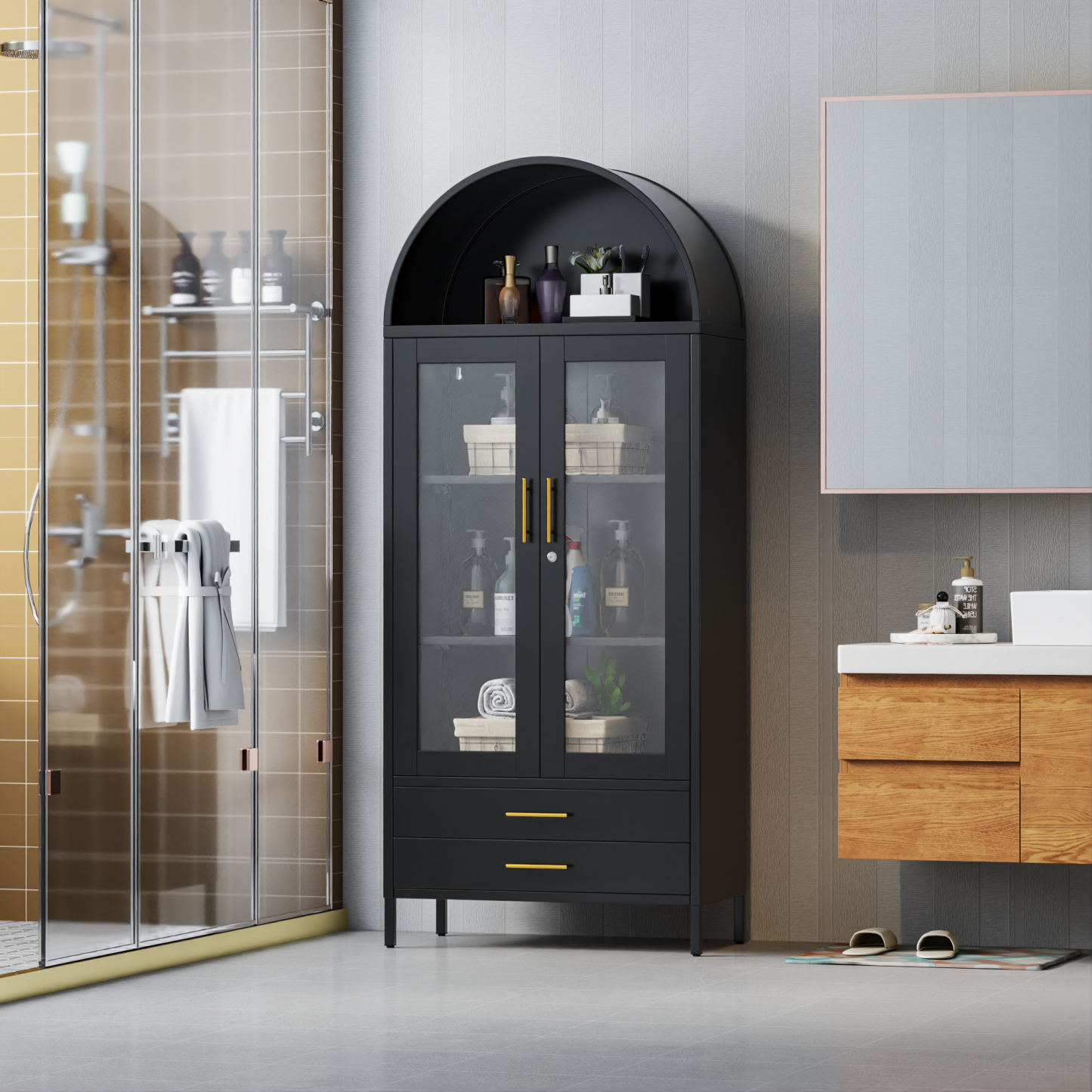 Black Metal Arched Cabinet with Glass Doors and 2 Drawers