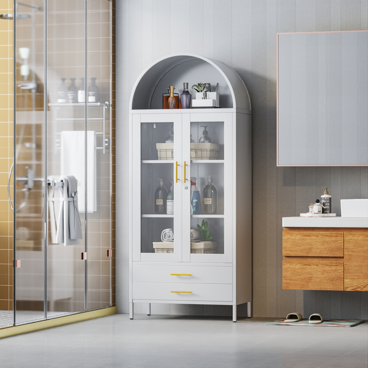 White Metal Arched Cabinet with Glass Doors and 2 Drawers