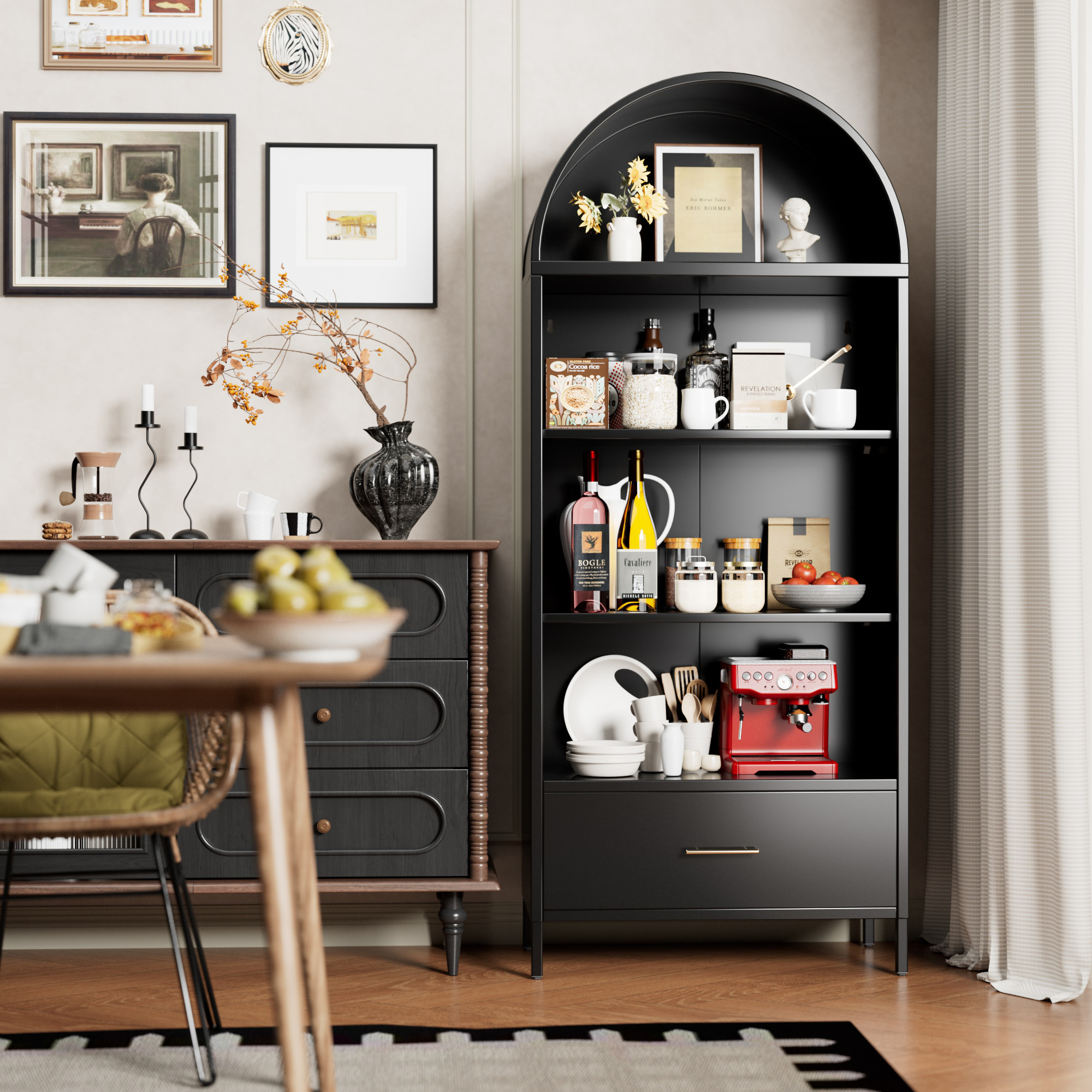 Black Metal Display Arched Cabinet with Drawer, Assembly Required,Black