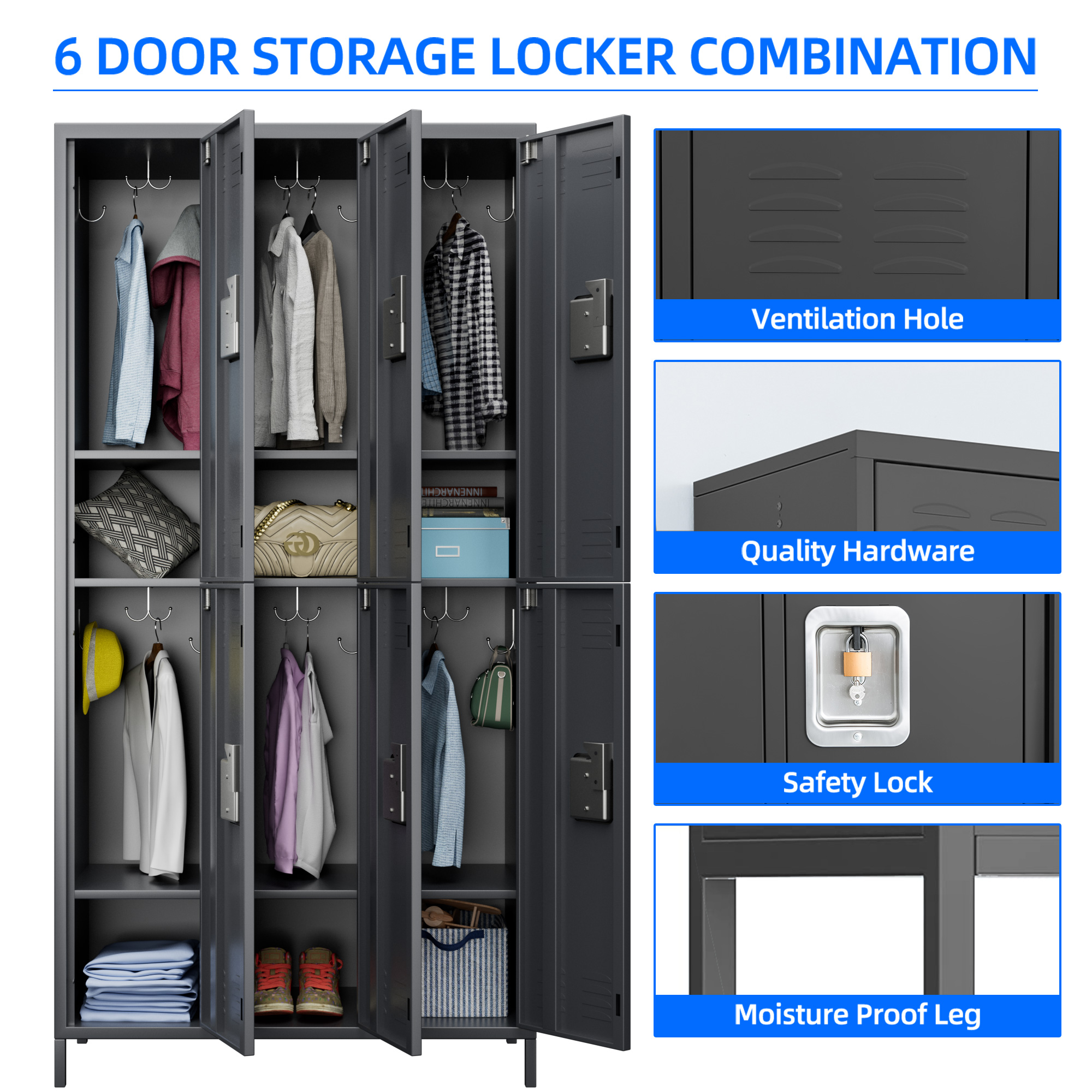 Aobabo Metal Storage Locker (6 Door-Dark Grey)