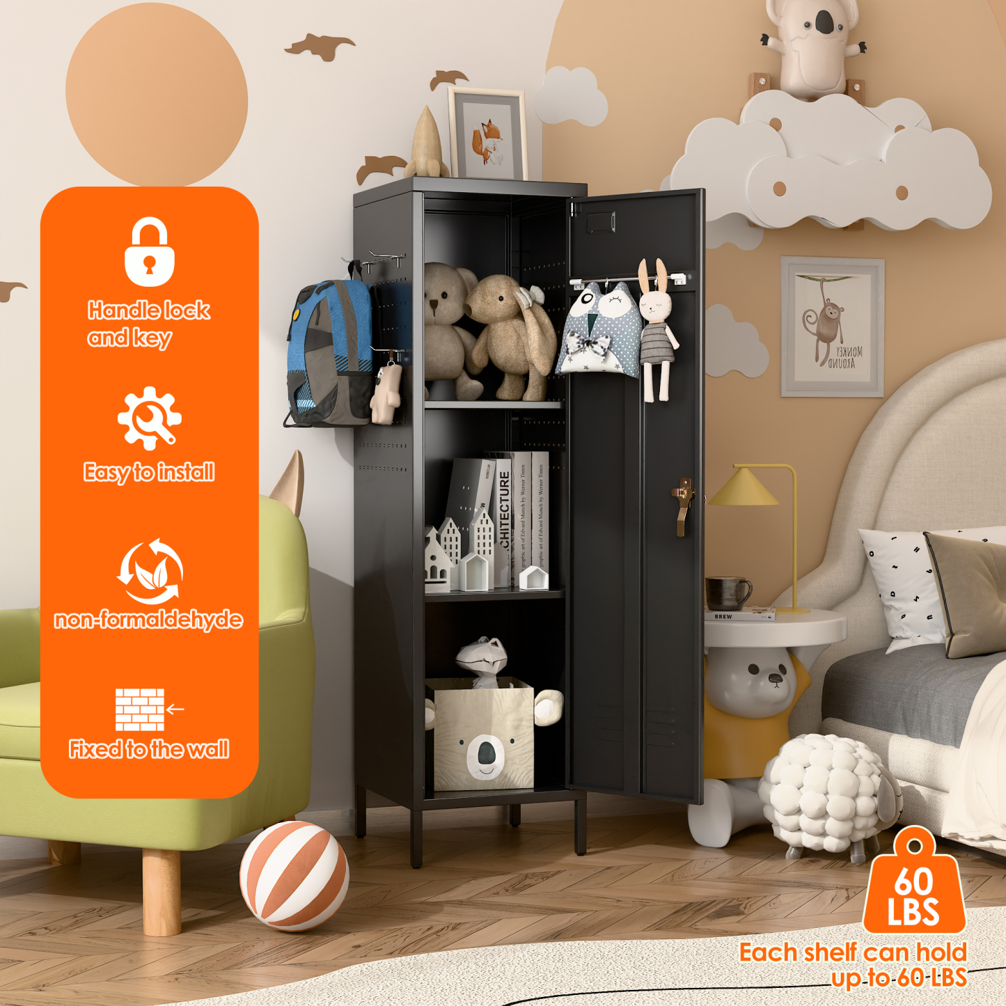 Metal Storage Locker with Pegboard,Black