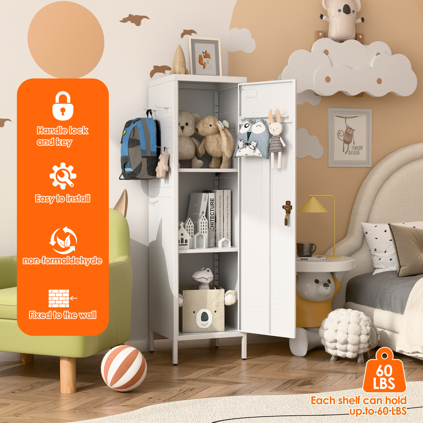 Metal Storage Locker with Pegboard,White