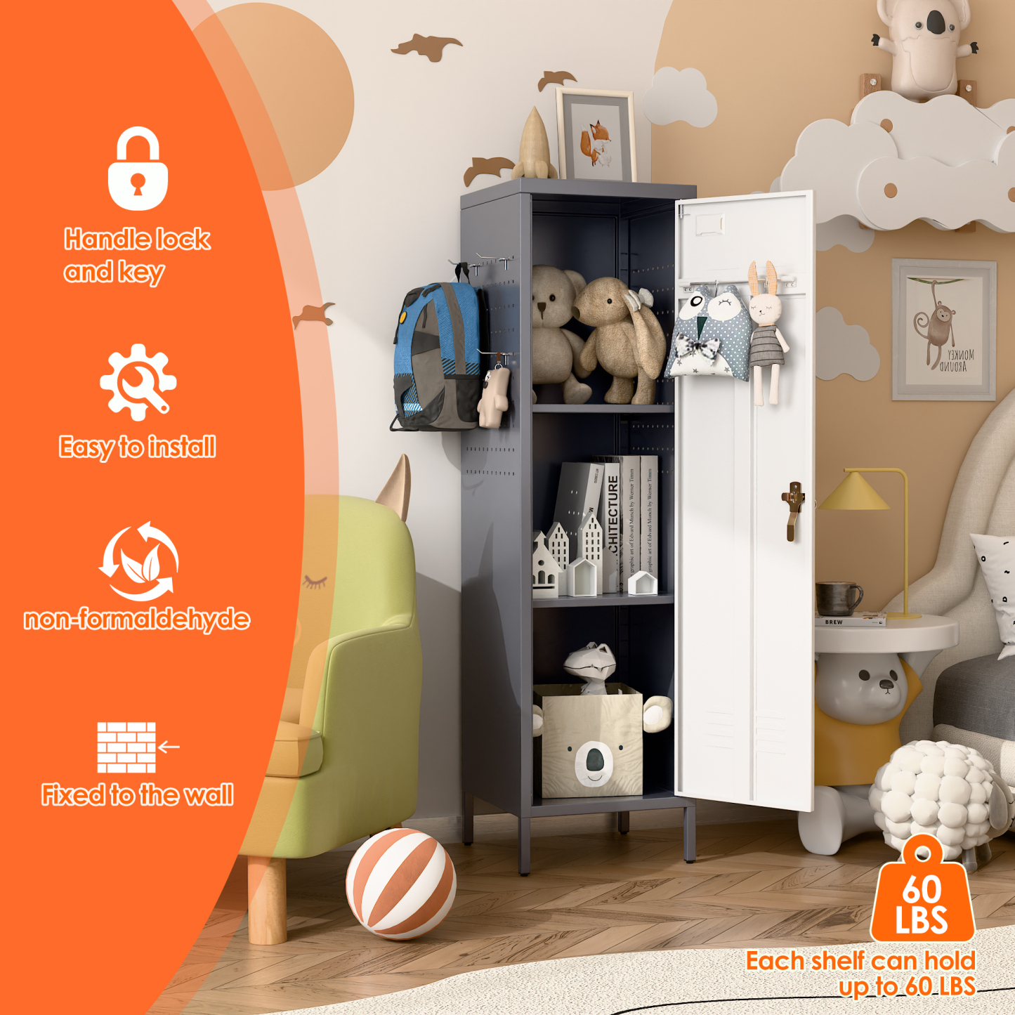 Metal Storage Locker with Pegboard,Grey&White