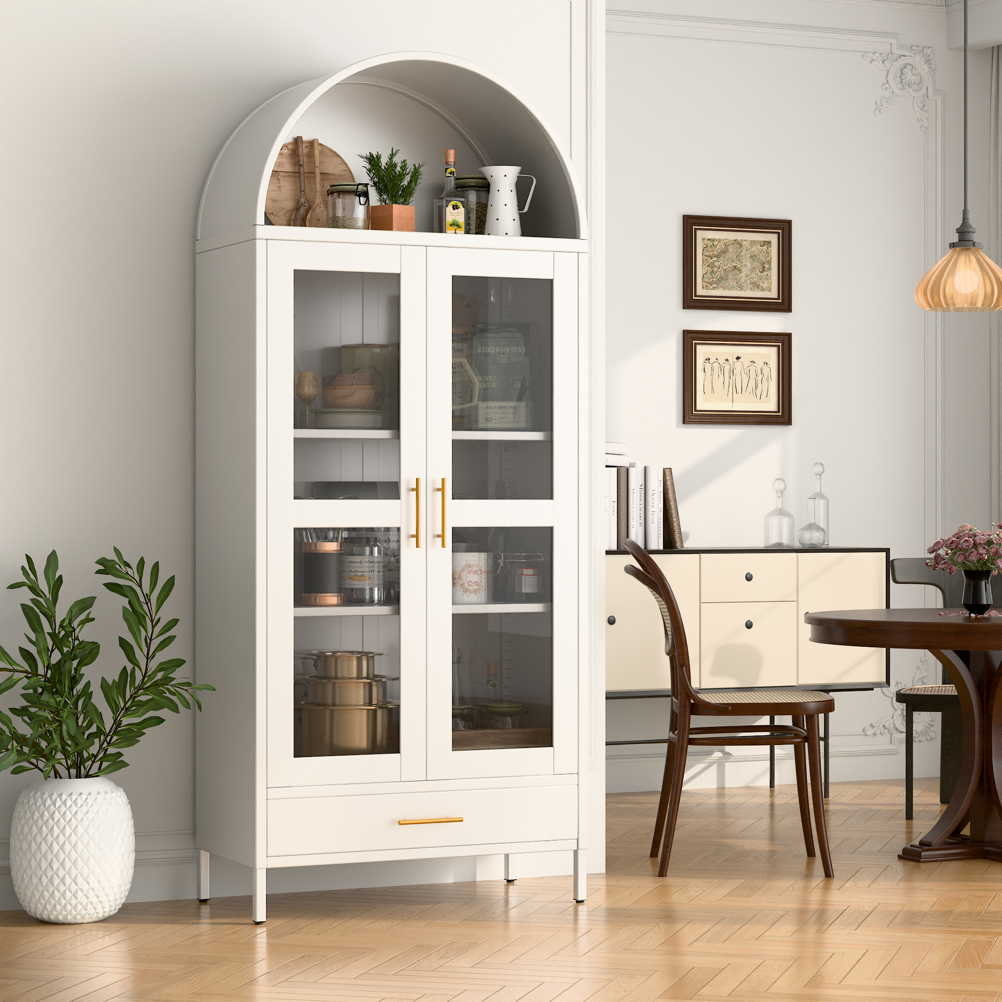 Metal Arched Cabinet with Glass Doors and Drawer,White