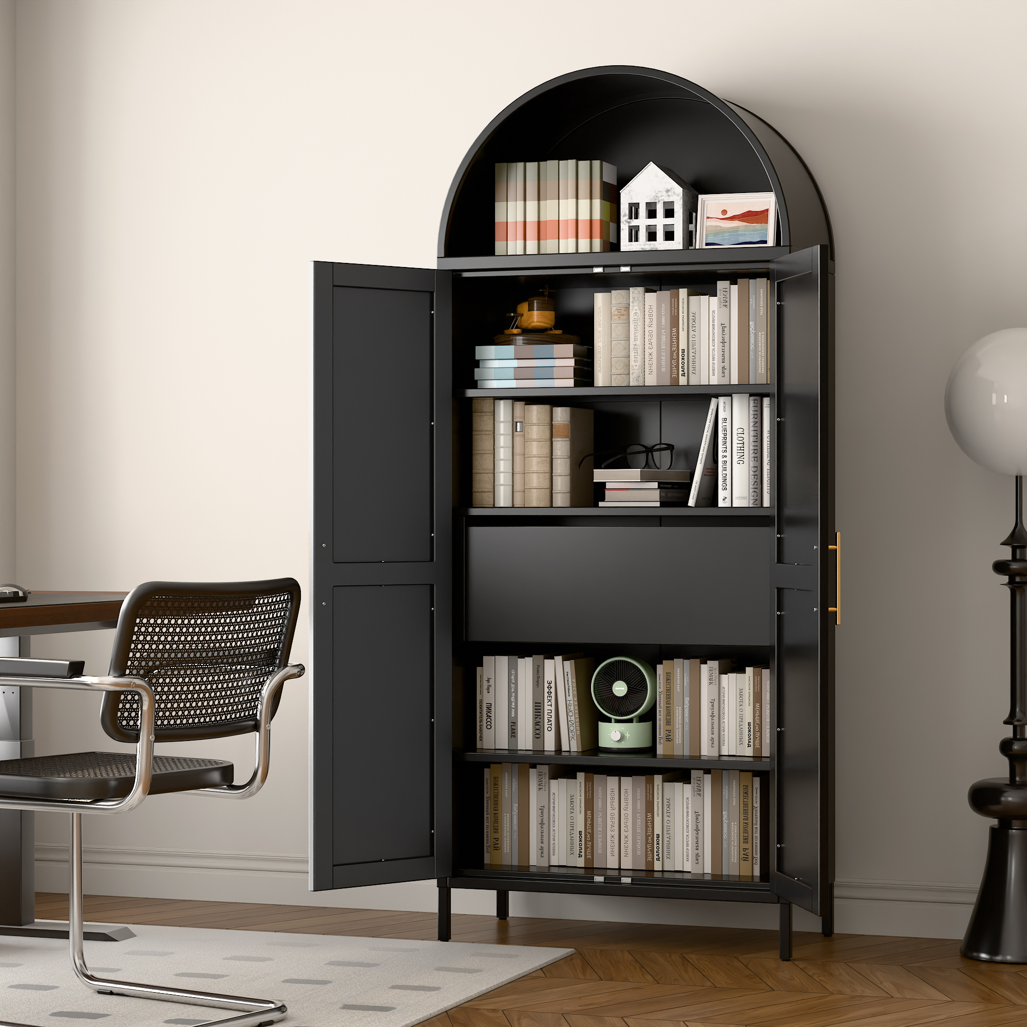 72.8"H Metal Arched Cabinet with 1 Drawer,Assembly Required,Black