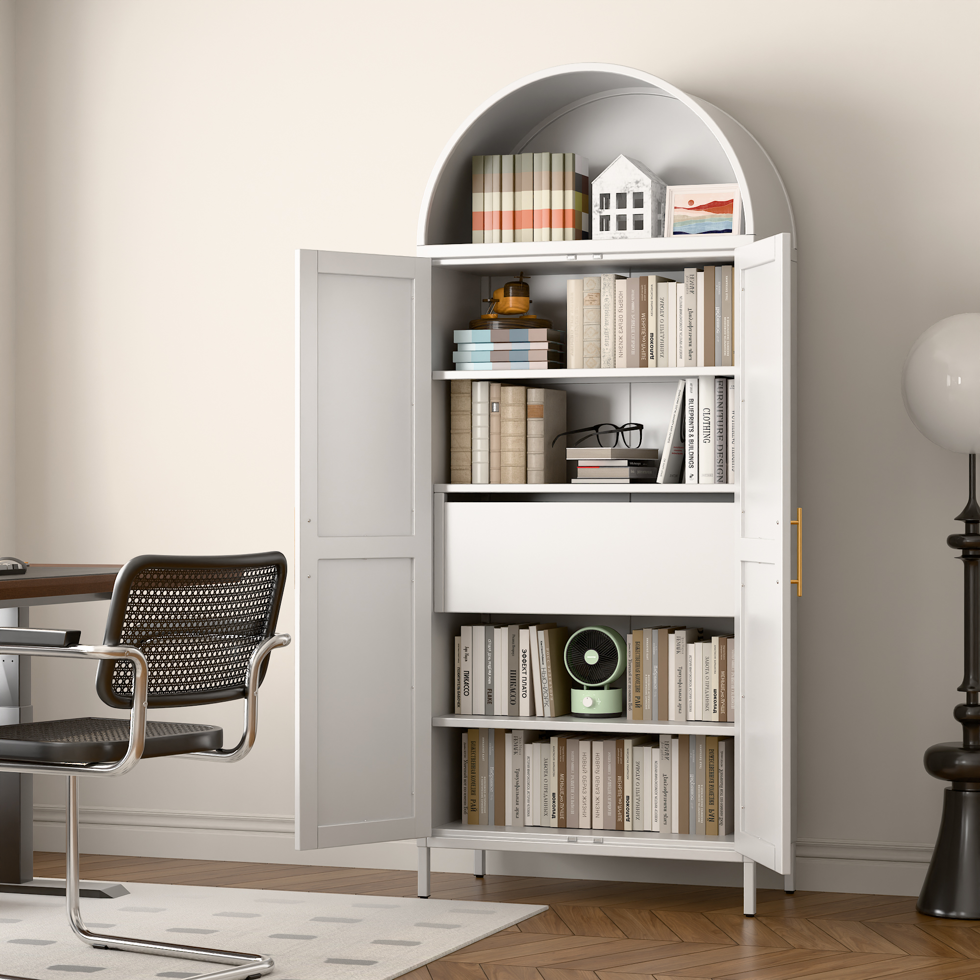 72.8"H Metal Arched Cabinet with 1 Drawer,Assembly Required,White